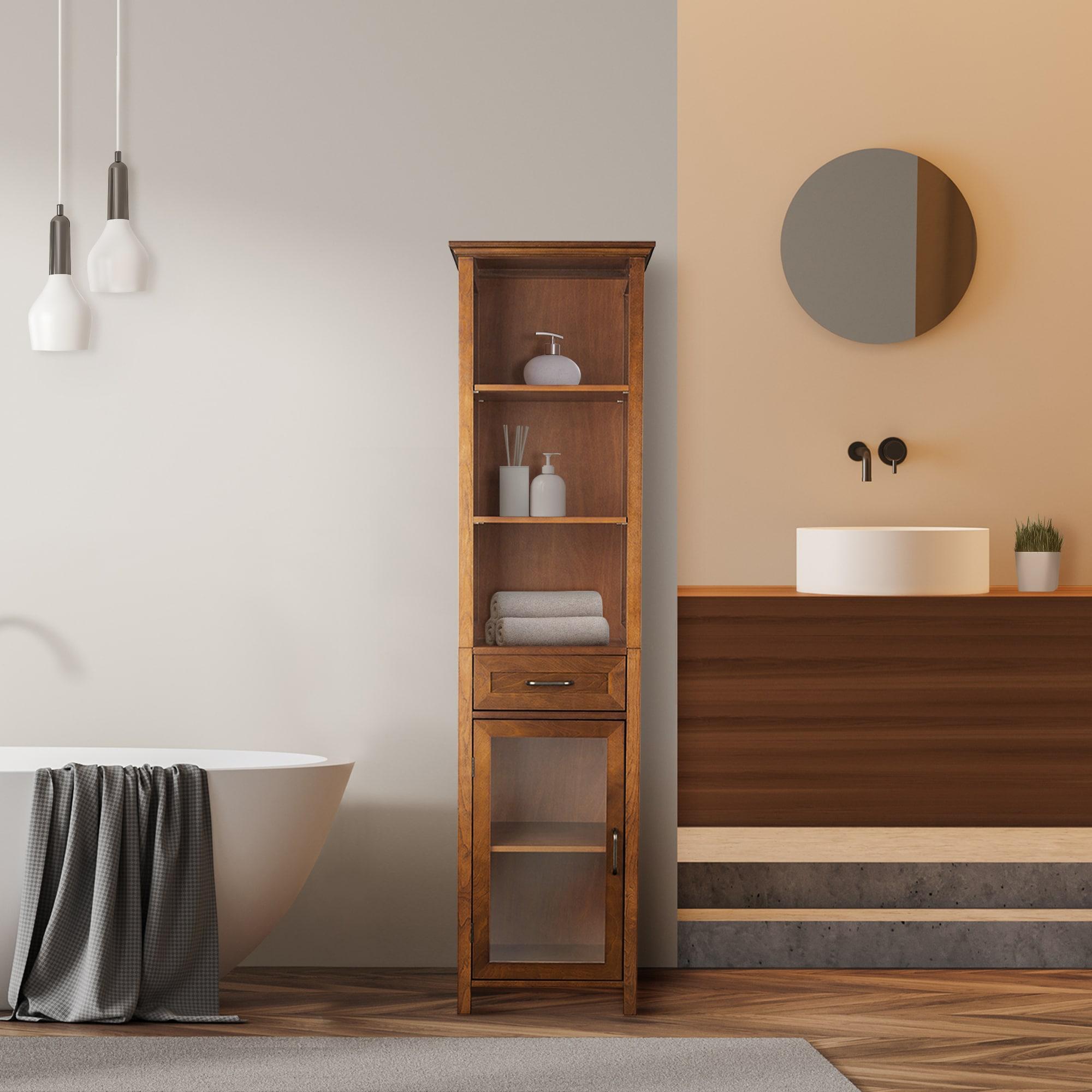 Oak Finish Bathroom Linen Tower Storage Cabinet with Shelves