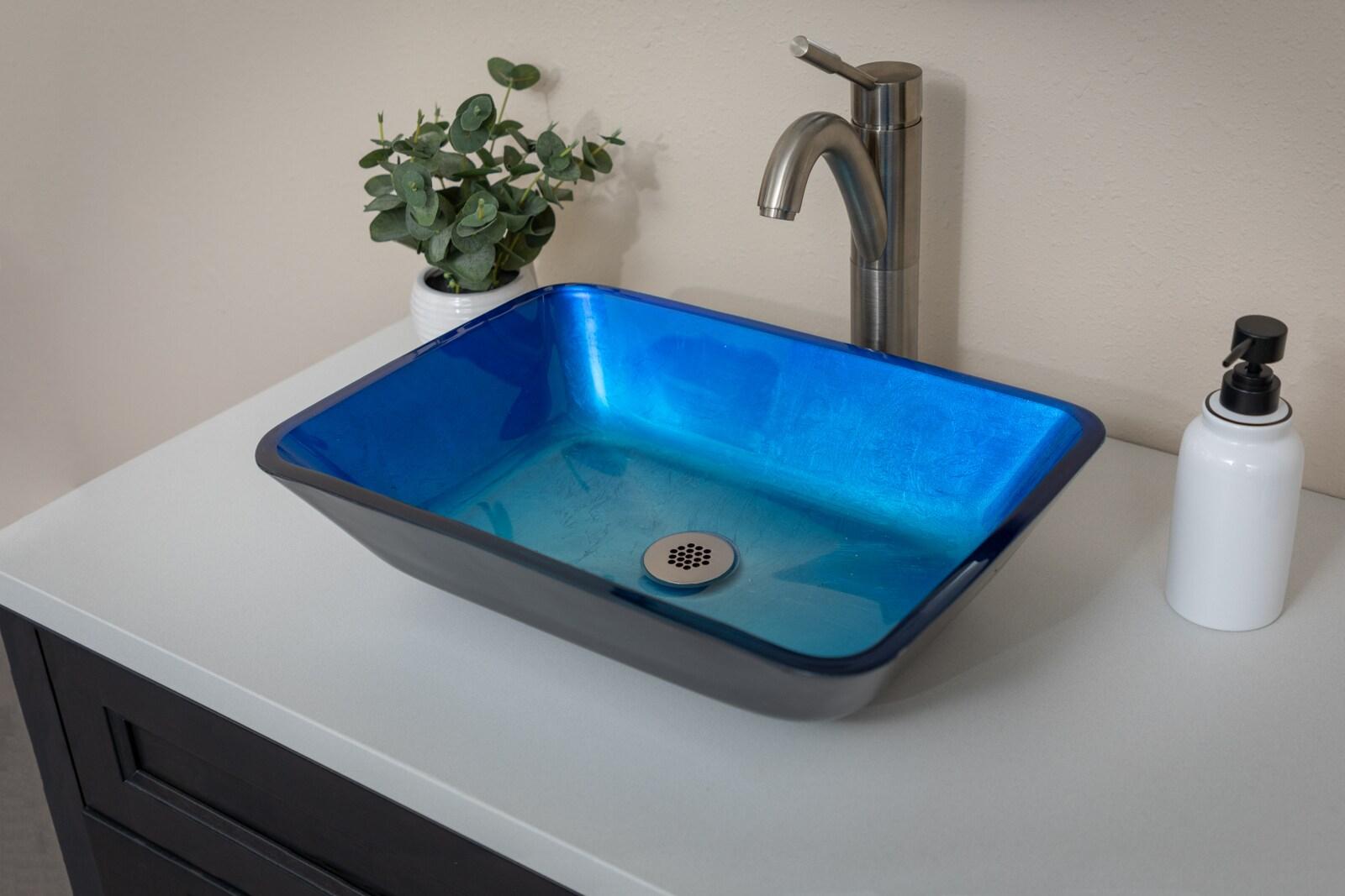 Eden Bath 13.13'' Blue Tempered Glass Rectangular Bathroom Sink