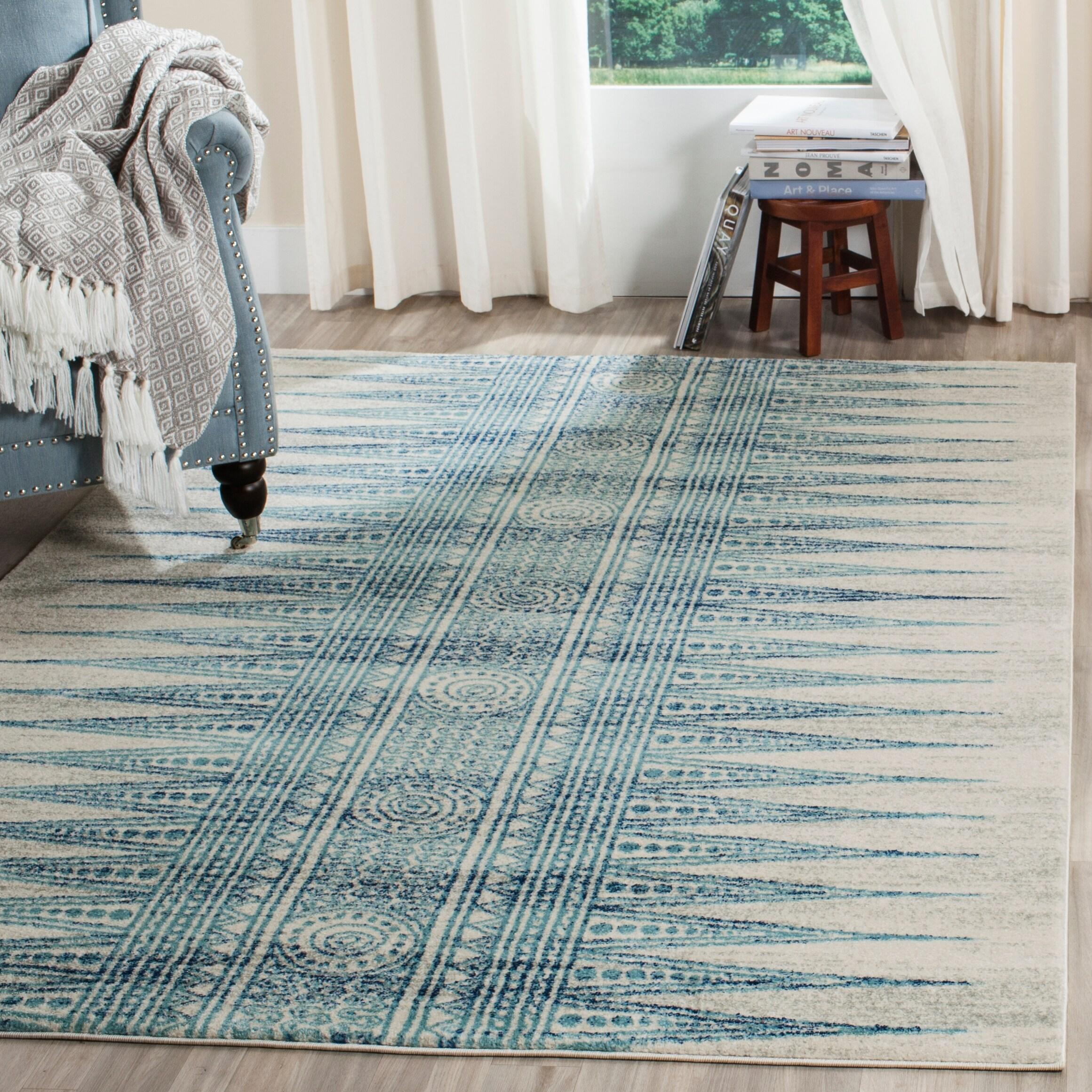 Evoke EVK226 Power Loomed Area Rug - Ivory/Turquoise - 6'7"x6'7" - Safavieh.