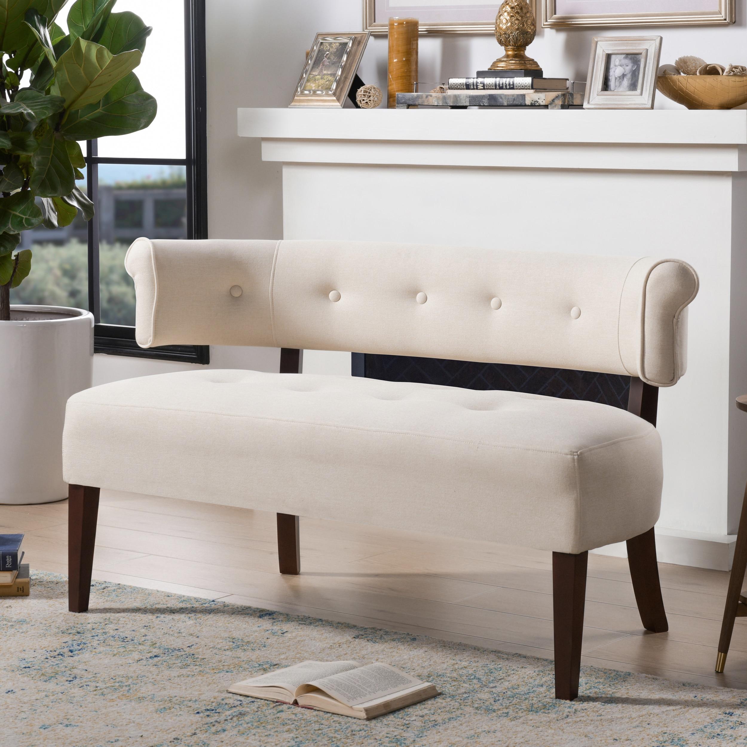 Jennifer Taylor Home Jared Roll Arm Tufted Polyester Fabric Bench, Sky Neutral Beige