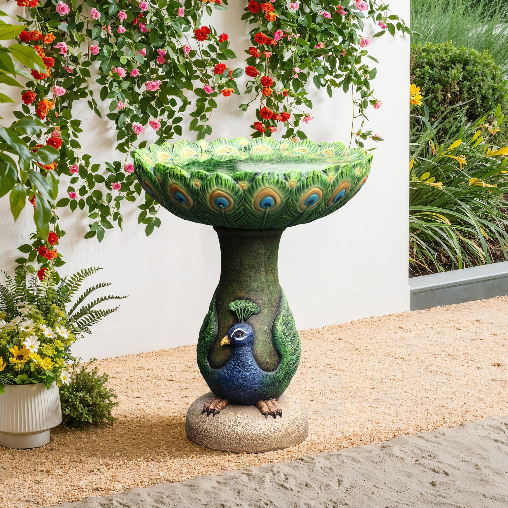 LuxenHome 20" Elegant Tall Peacock Outdoor Resin Bird Bath with Elegant Feather Basin for Garden, Patio Multicolored