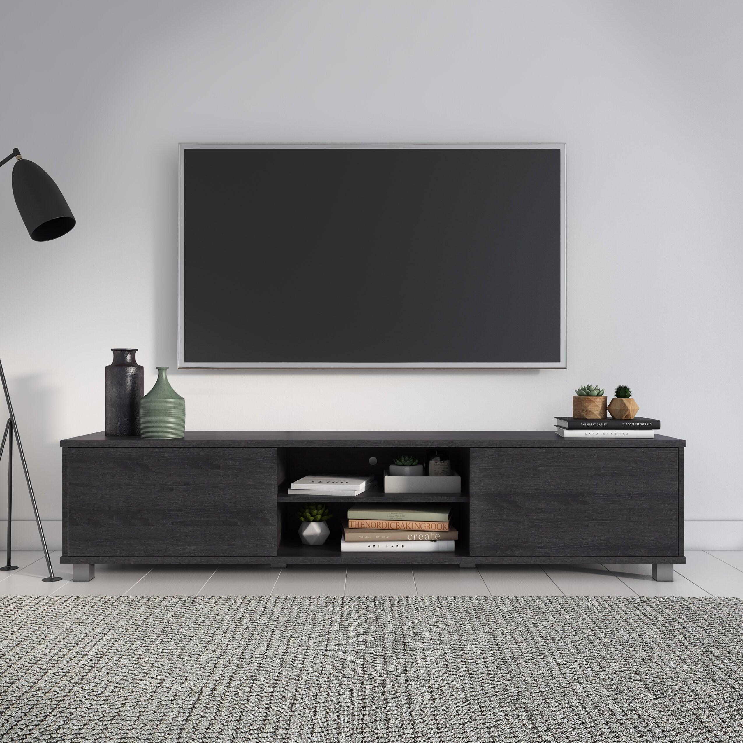 CorLiving Hollywood TV Stand for TVs up to 85" with Doors Wood Grain Dark Gray: Modern Media Console, Adjustable Shelves