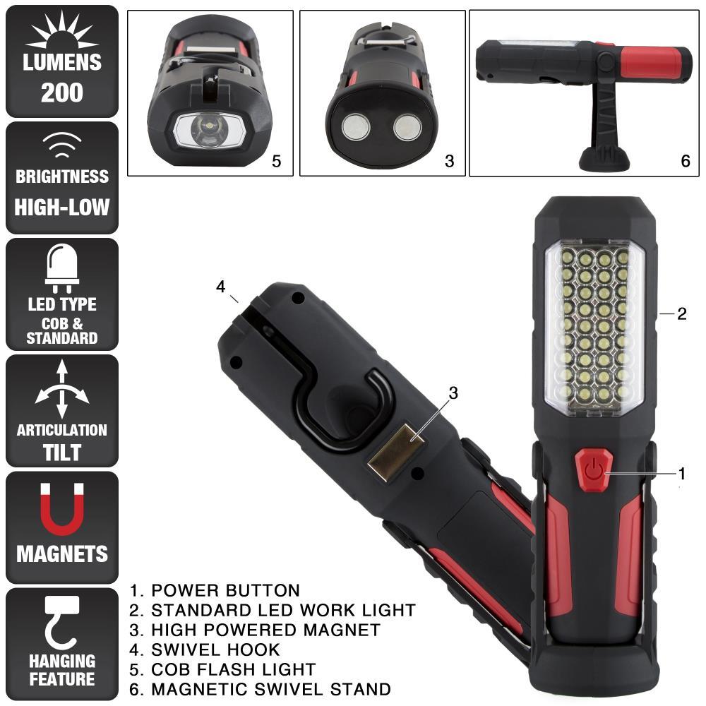 Fleming Supply 200 Lumen Dual-Beam LED Flashlight With Magnetic Swivel Base and Hanging Hook