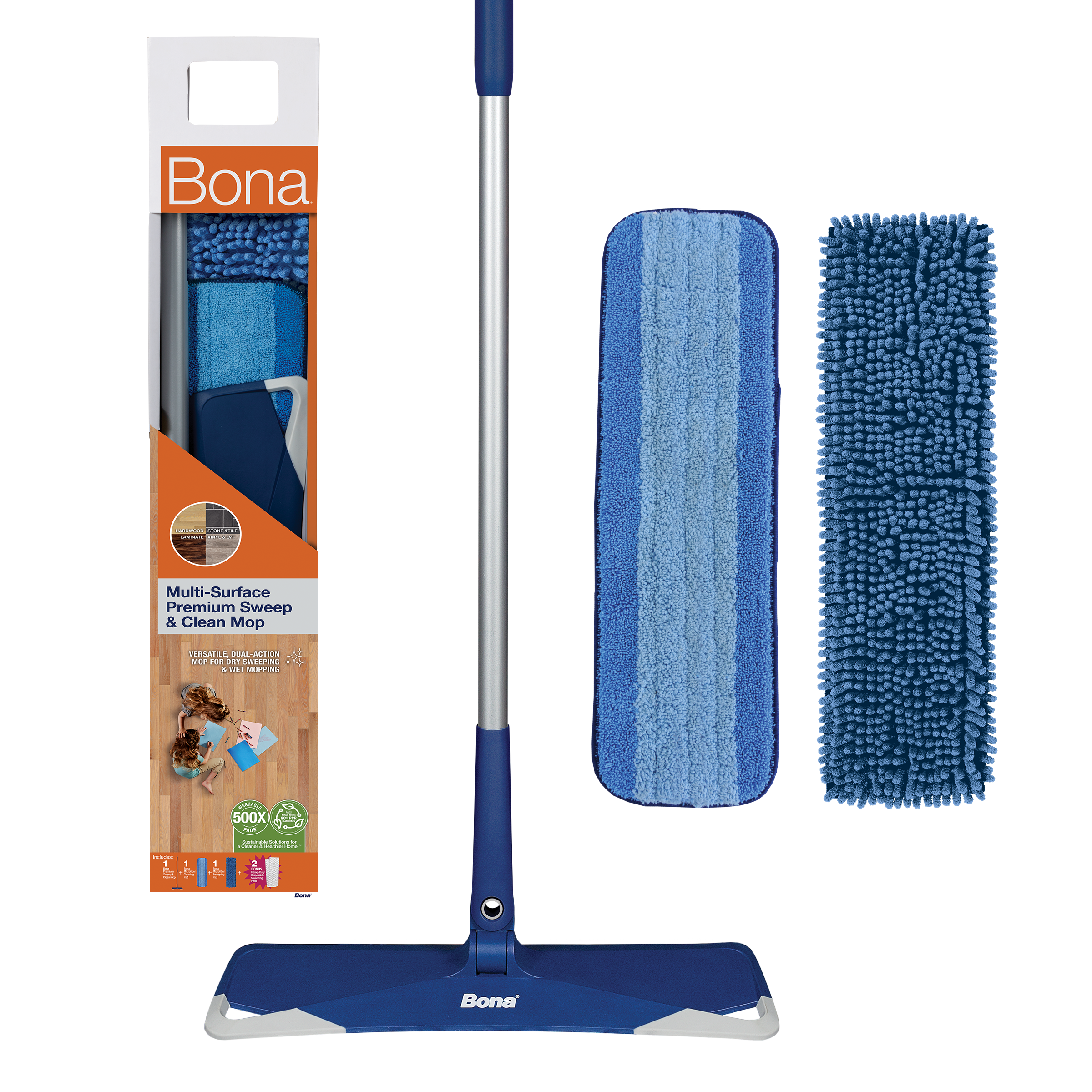 Bona Floor Mop Starter Kit - 2-in-1 Wet + Dry Floor Sweeping + Mopping - 1 Mop, 1 Reusable Sweeping Pad, 1 Reusable Mopping Pad