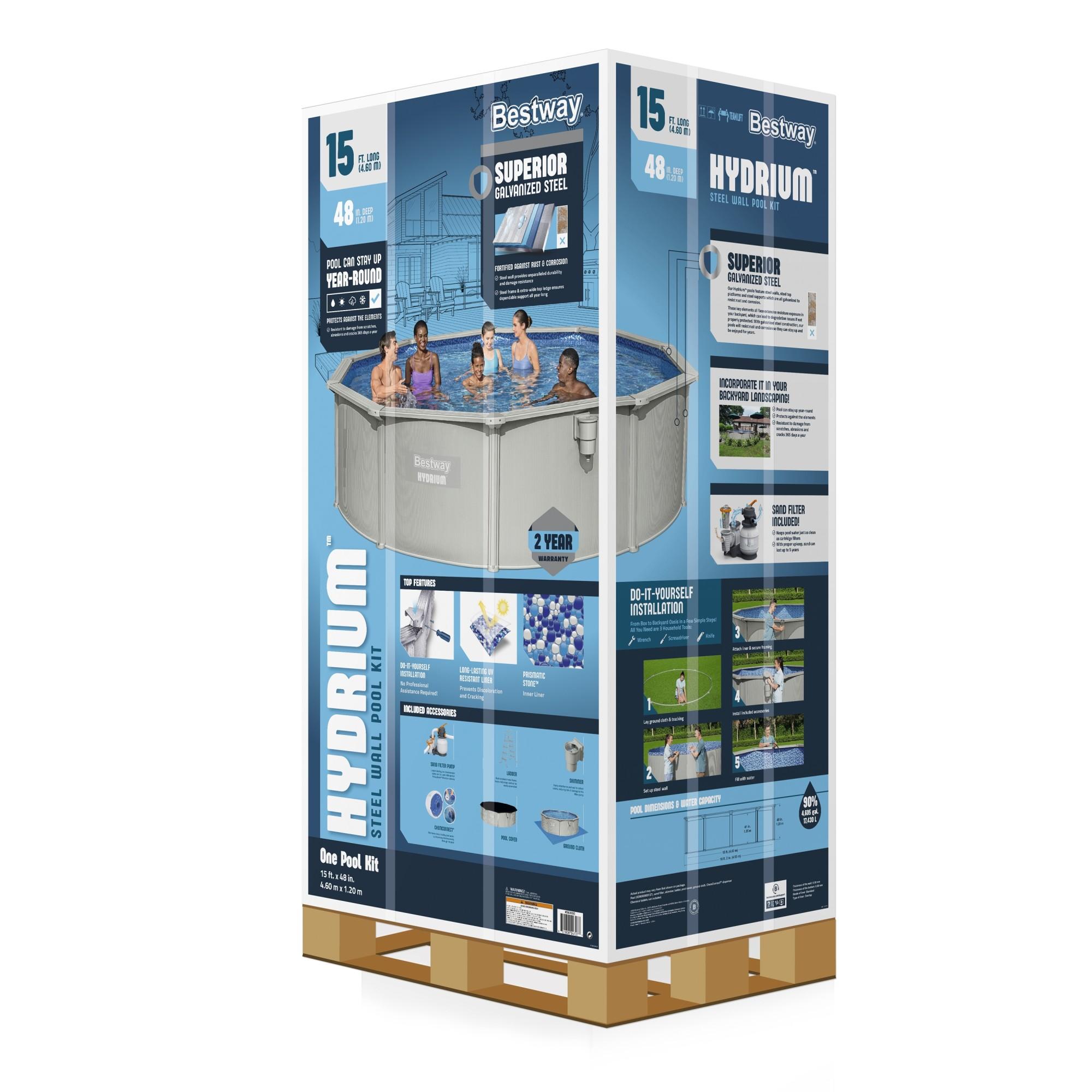 Bestway Hydrium 15' x 48" Steel Wall Above Ground Swimming Pool Set, Gray