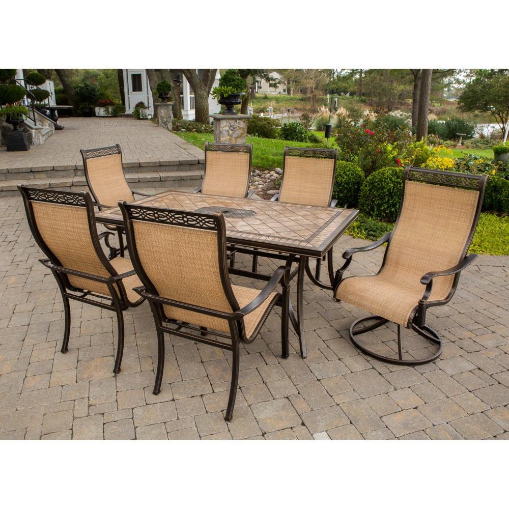 Hanover Monaco 7-Piece Outdoor Patio Dining Set with 4 PVC Sling Dining Chairs, 2 Swivel Rockers, and 40" x 68" Porcelain Tile Rectangular Dining Table | MONACO7PCSW