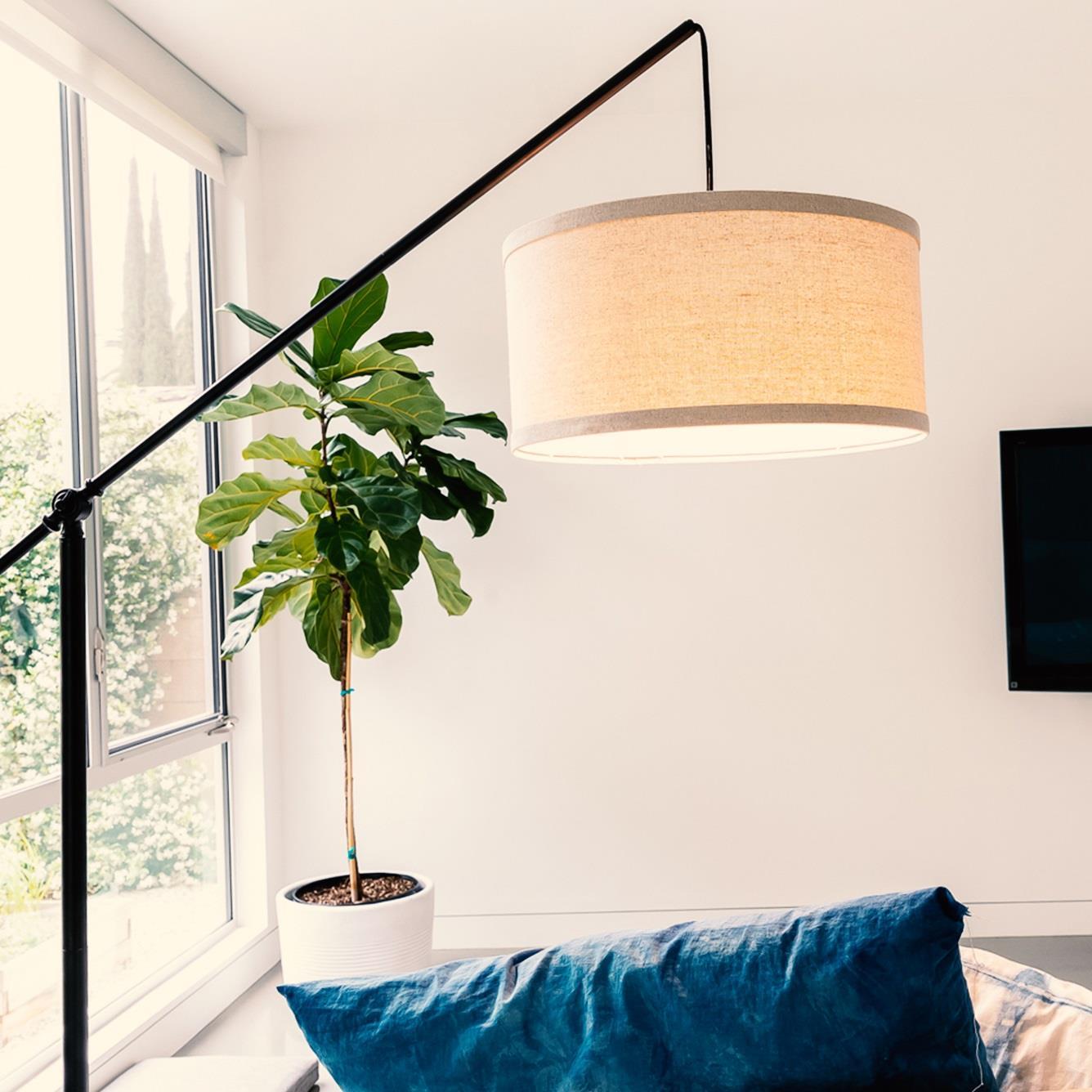 Brightech Hudson 70 in. Modern Height Adjustable LED Floor Lamp with Beige Fabric Drum Shade