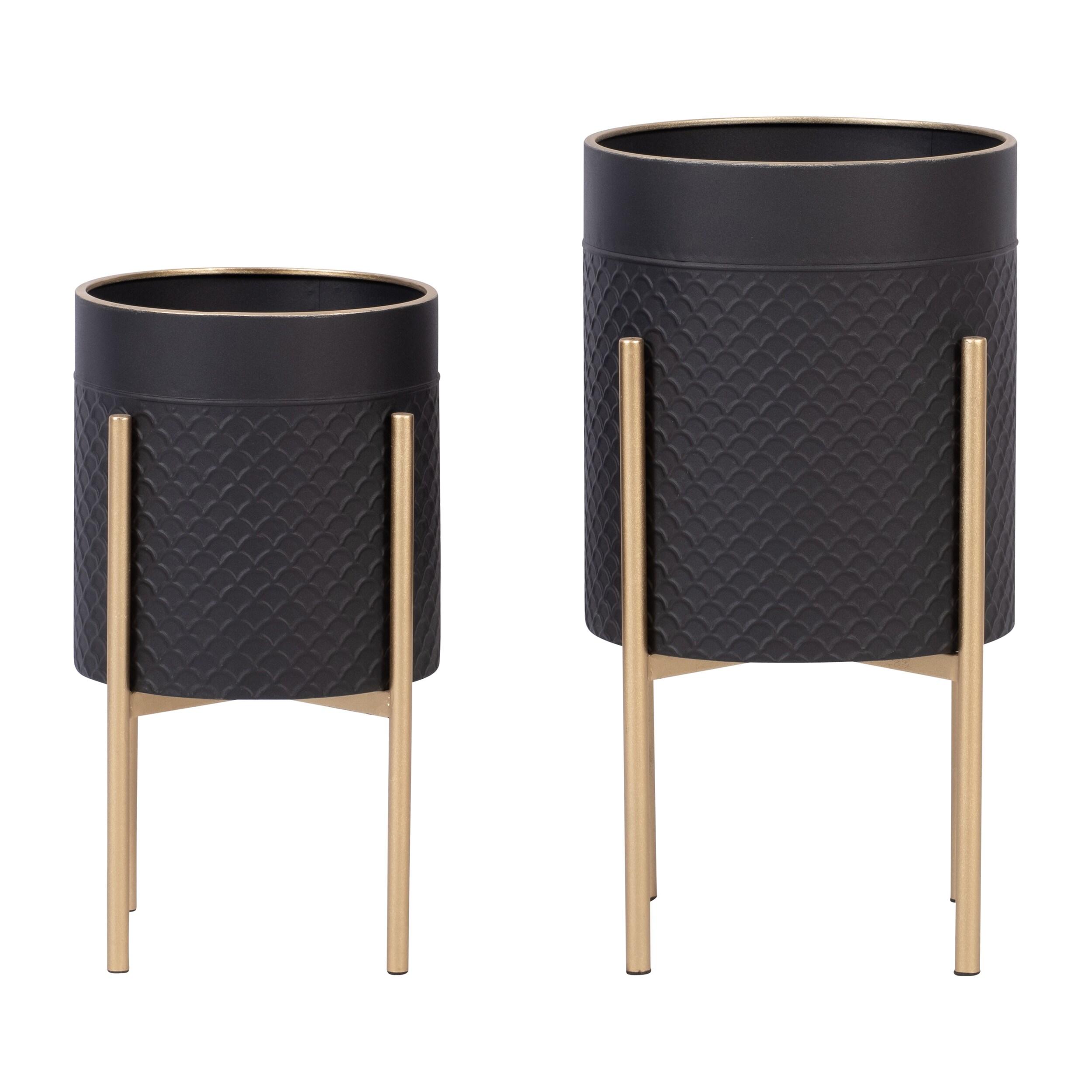 Sagebrook Home 14" Wide 2pc Scales Planter Pot on Metal Stand Black/Gold: Honeycomb Design, No Drainage Holes