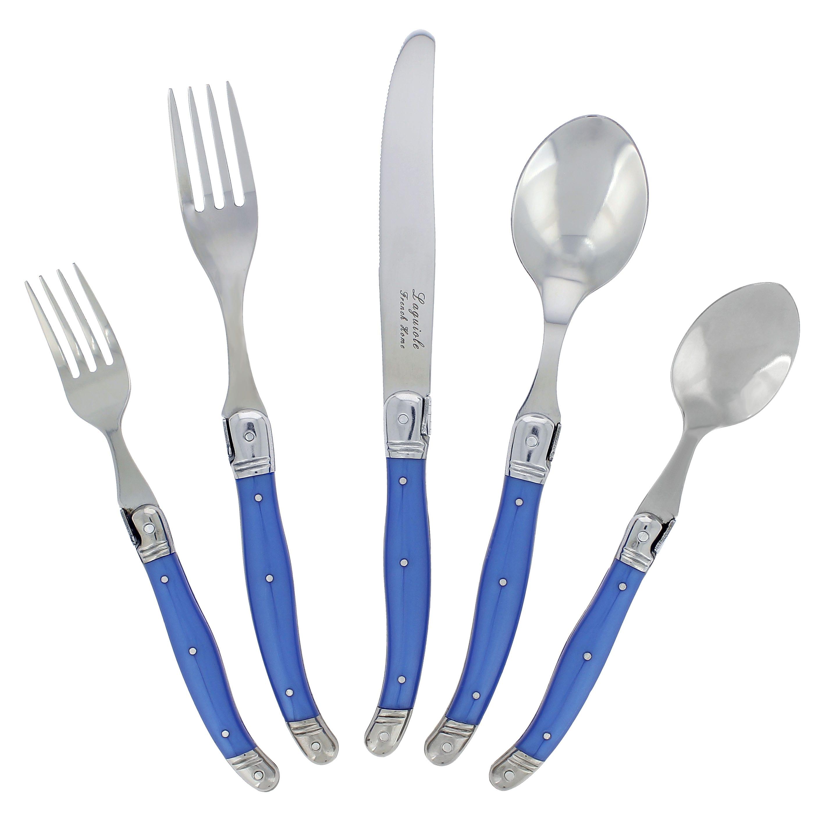 20pc Stainless Steel Laguiole Flatware Set Blue - French Home: Forks Spoons Knives Set, Dishwasher-Safe, Ergonomic Grip