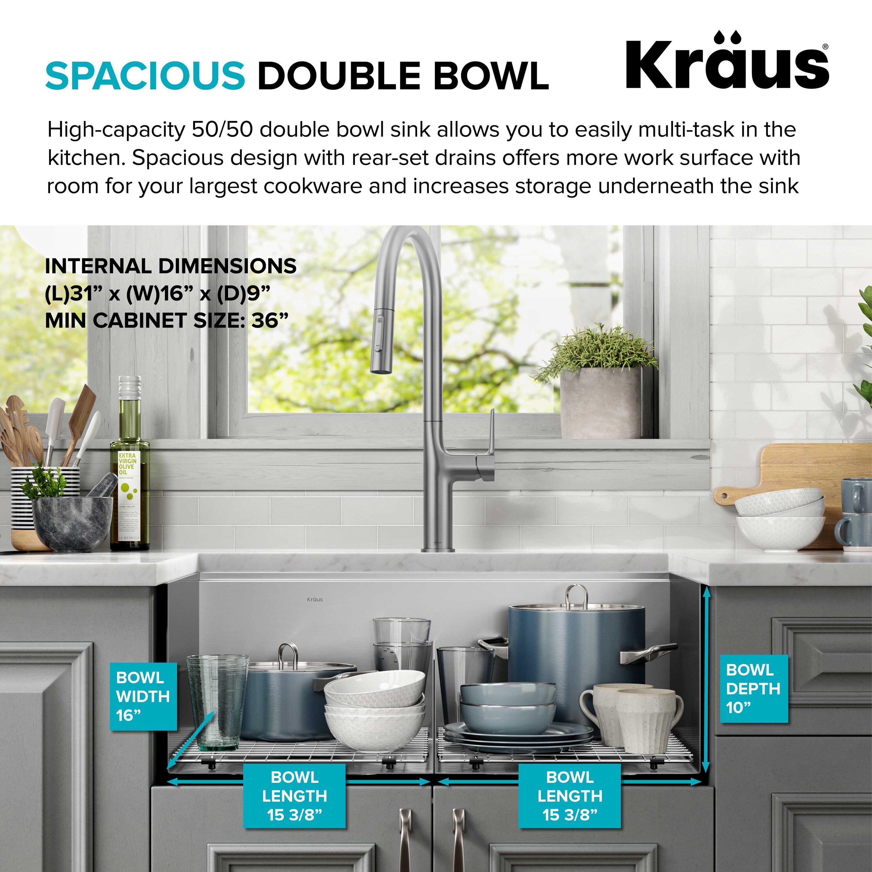 KRAUS Kore™ Workstation 33-inch L Undermount 16 Gauge Double Bowl Stainless Steel Kitchen Sink with Accessories