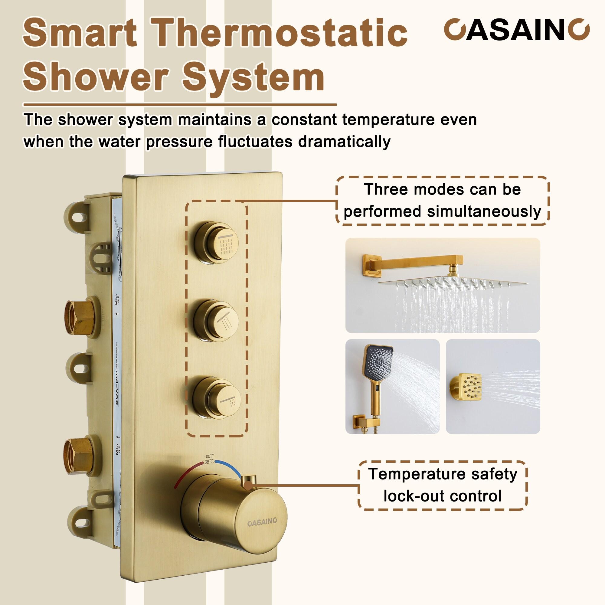 3 Functions 12 Inch Wall Mount Thermostatic Shower System with 6 Body Jets