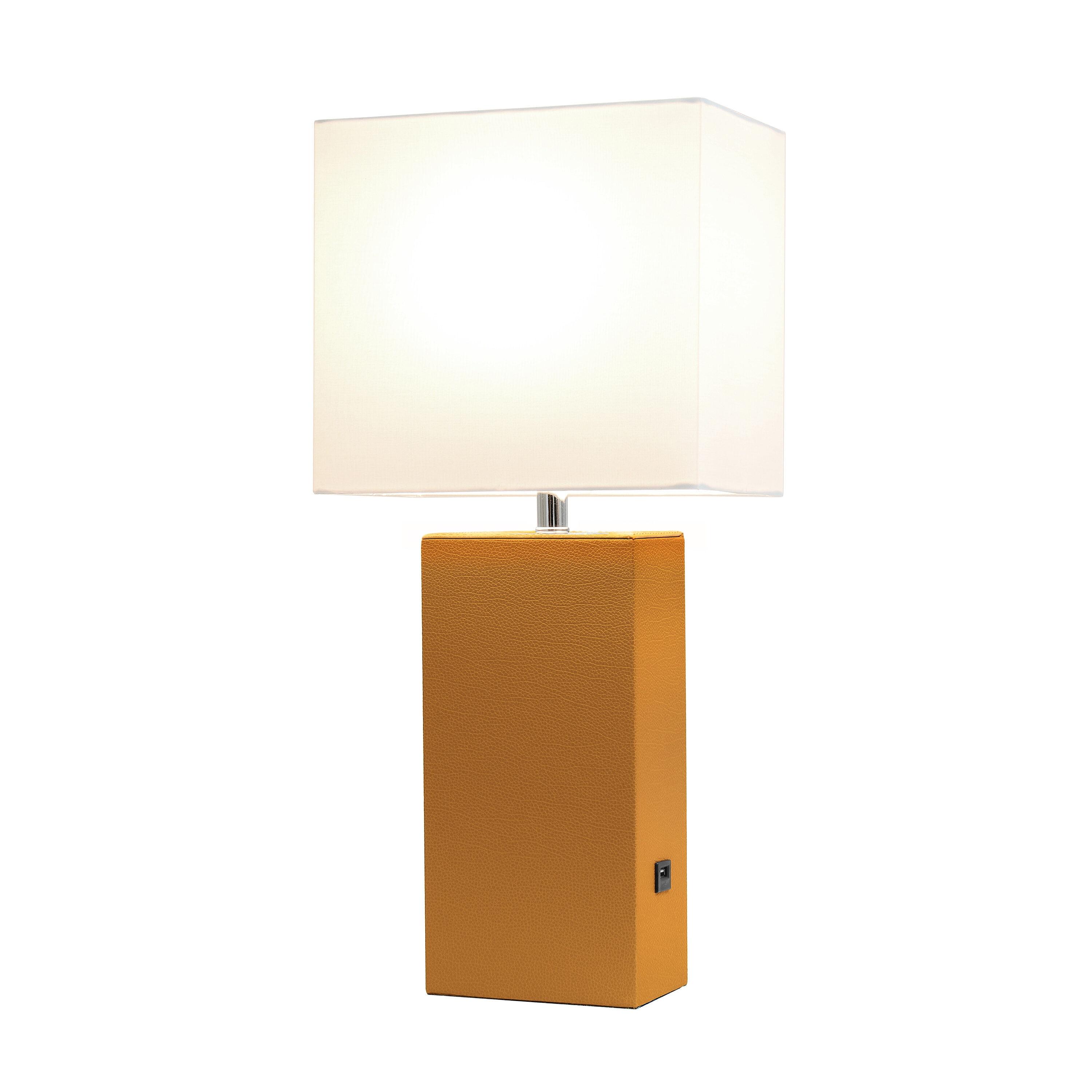 21" Lexington Leather Base Modern Home Decor Bedside Table Lamp with USB Charging Port and Fabric Shade Tan/White - Lalia Home: No Assembly