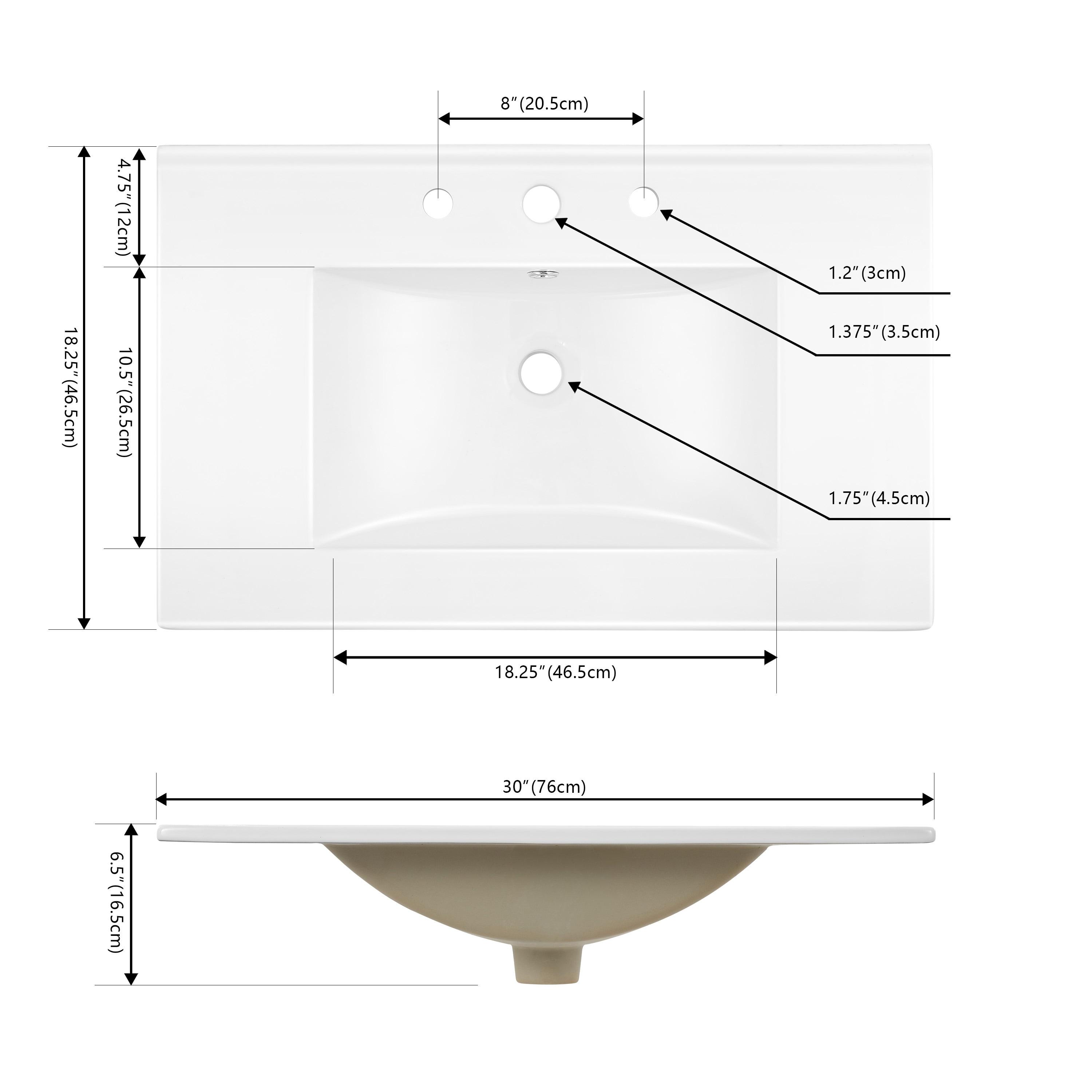 White Ceramic 30" Rectangular Single Sink Vanity Top