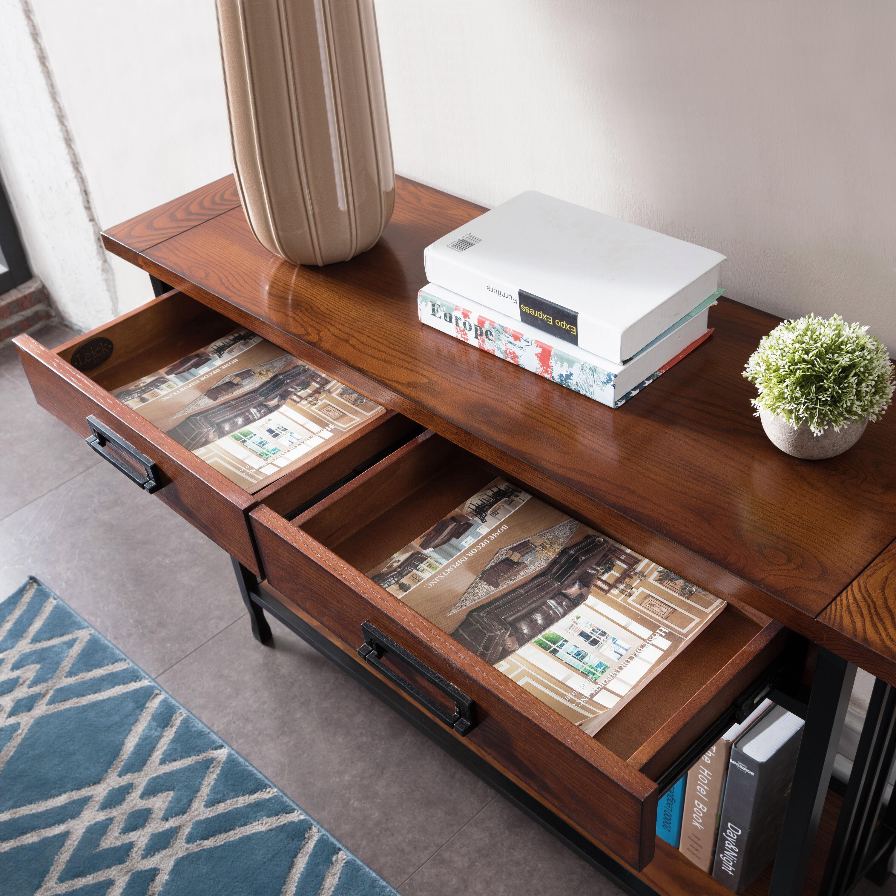 Leick Home 11233 Ironcraft Rustic Two Drawer Hall Console Sofa Table with Shelf, Mission Oak and Black Metal