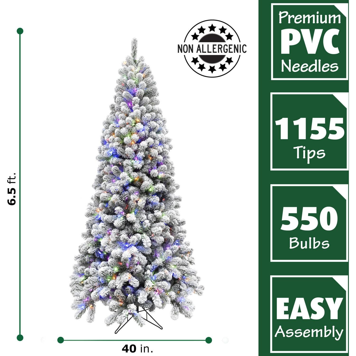 Fraser Hill Farm 6.5-Ft. Alaskan Pine Flocked Artificial Christmas Tree with Dual Multicolor & Warm White LED Lights