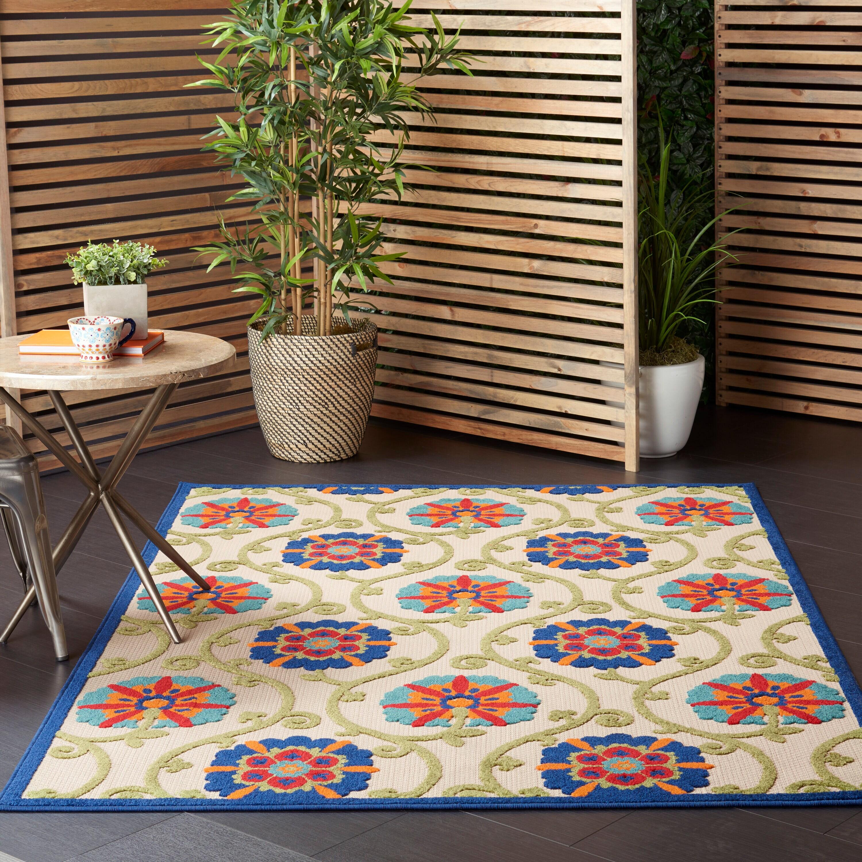 Nourison Aloha Contemporary Floral Flatweave High-Low Indoor Outdoor Area Rug Blue/Multicolor 3'6" x 5'6"