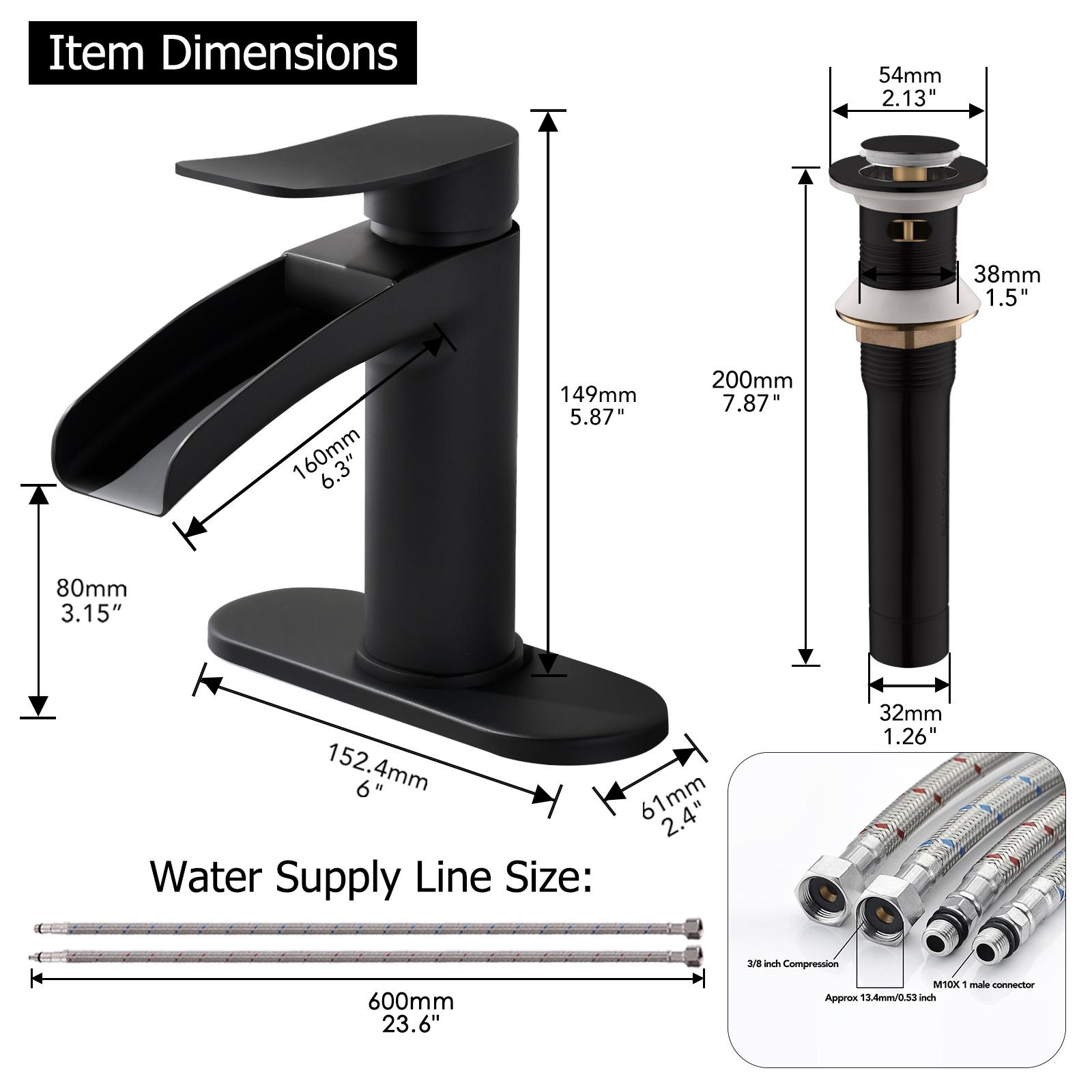 Phiestina Matte Black Single Hole Waterfall Bathroom Sink Faucet Single Handle, with 6-Inch Deck Plate & Metal Pop Up Drain Assembly, NS-SF01-MB