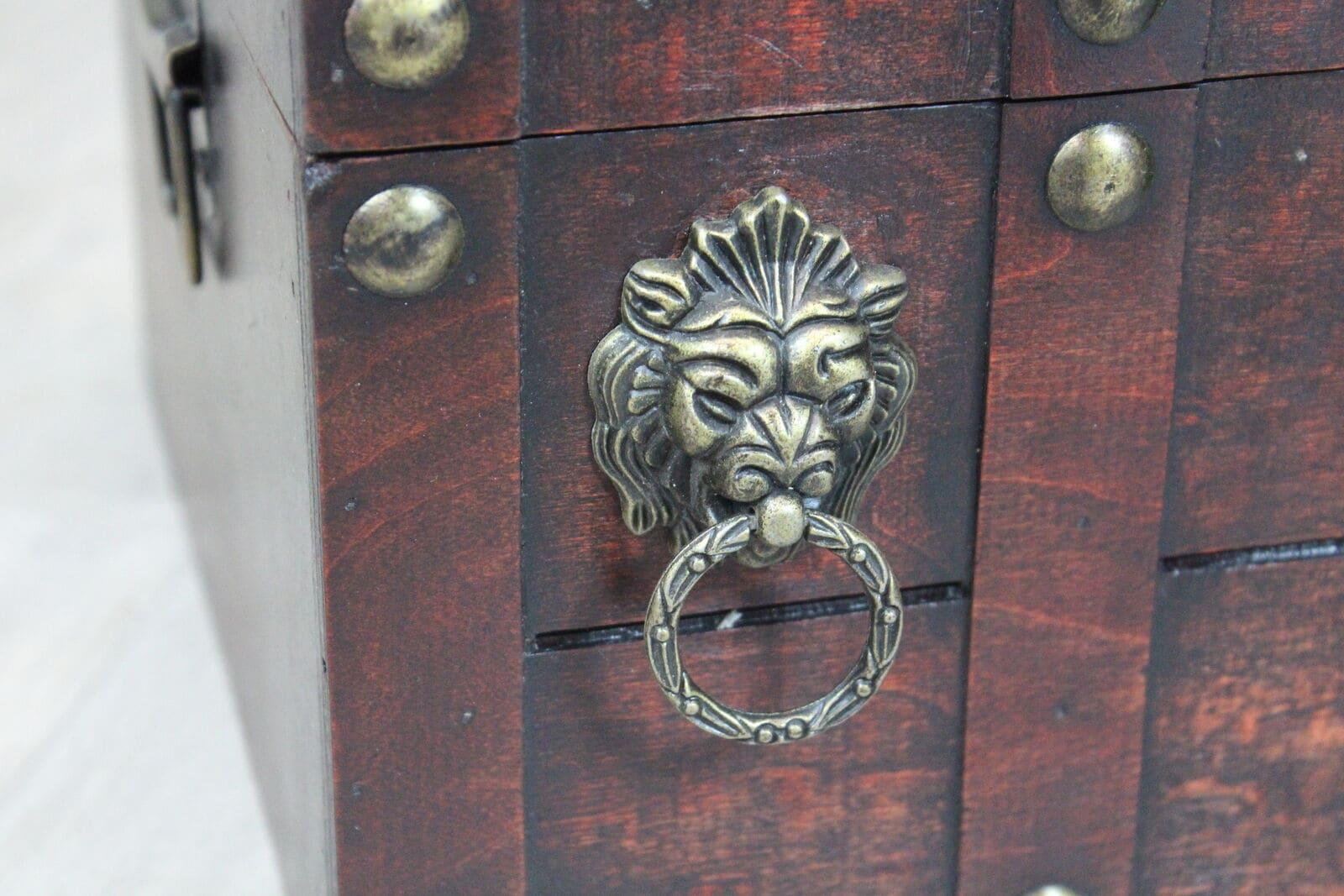 Quickway Imports Antique Wooden Pirate Treasure Chest with Lion Rings and Lockable Latch