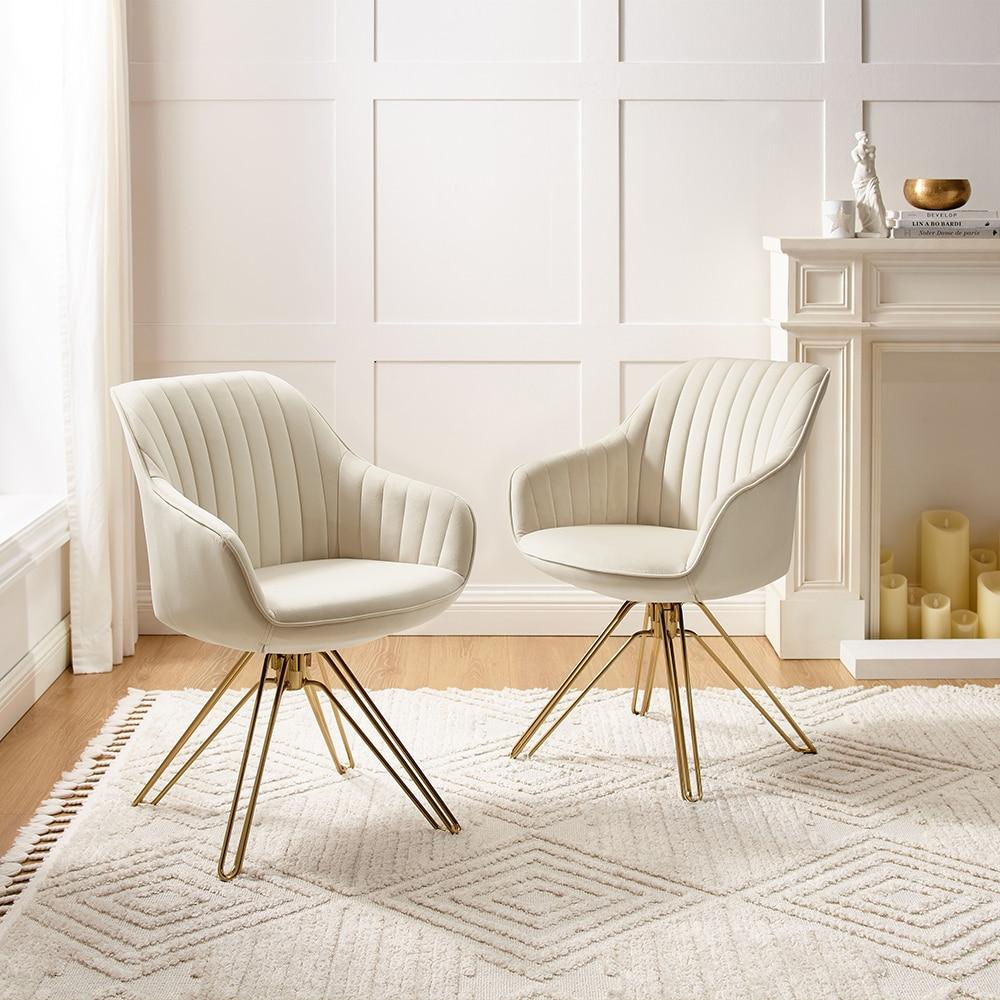 Art Leon Comfortable Velvet Swivel Accent Armchair with Golden Legs, Off White
