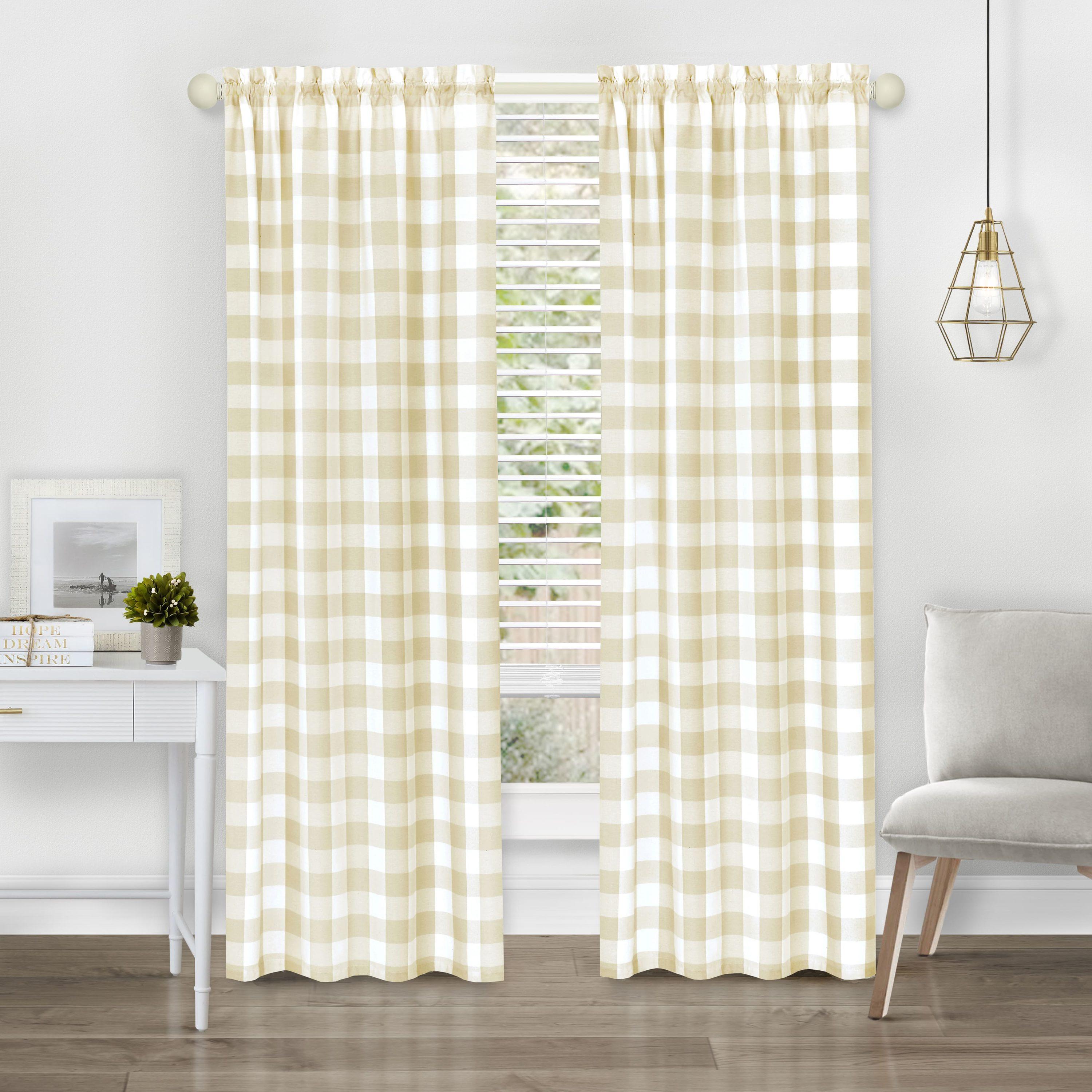 Achim Hunter Indoor Polyester/Cotton Light Filtering Checkered Curtain Panel, Tan, 42-in W x 63-in L