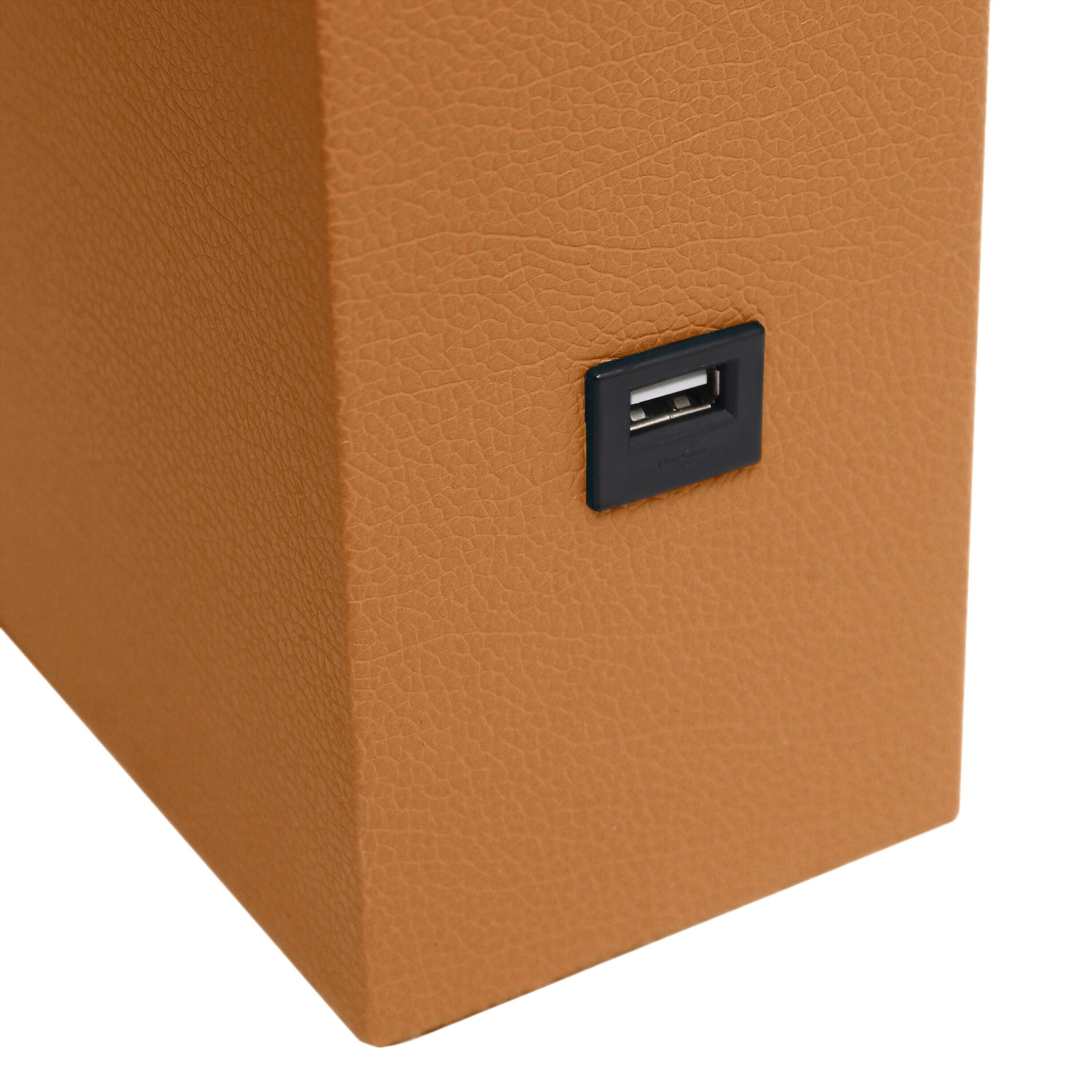 21" Lexington Leather Base Modern Home Decor Bedside Table Lamp with USB Charging Port and Fabric Shade Tan/White - Lalia Home: No Assembly