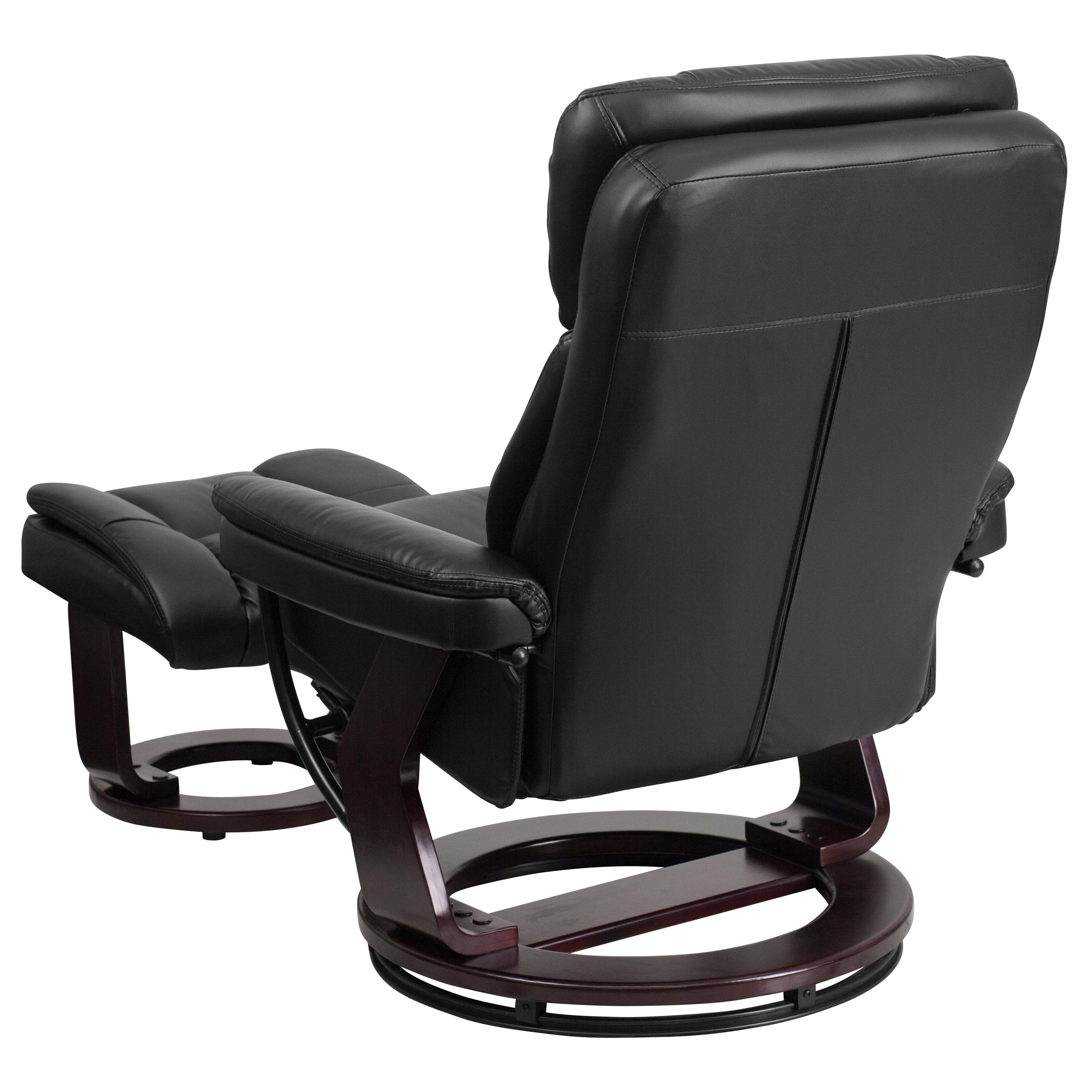 Flash Furniture Contemporary Multi-Position Recliner and Curved Ottoman with Swivel Mahogany Wood Base in Black LeatherSoft