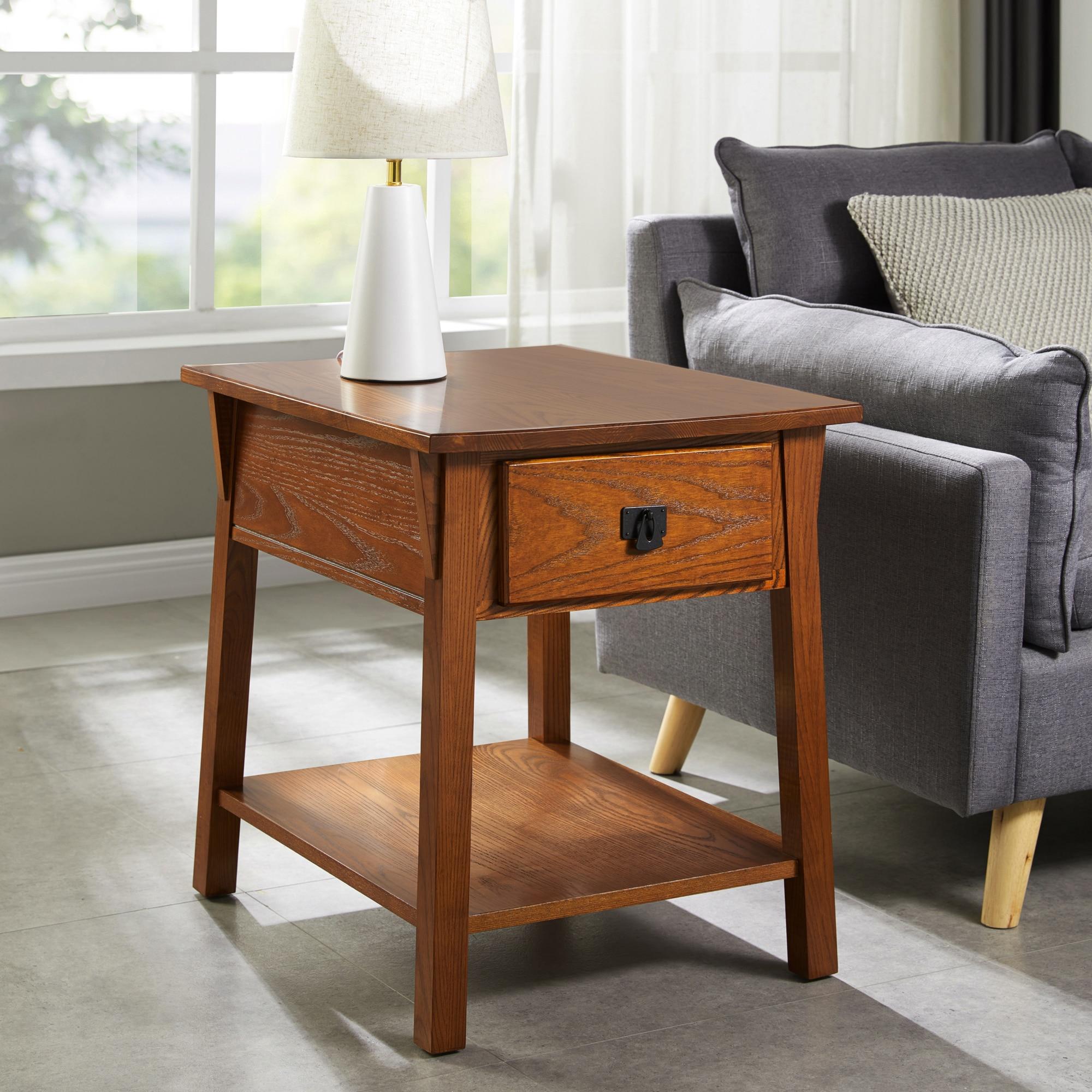Leick Home 9056-RS Mission Round End Table with Drawer, Made with Solid Wood, Side Table for Living Room, Bedroom, and Office, Russet Finish