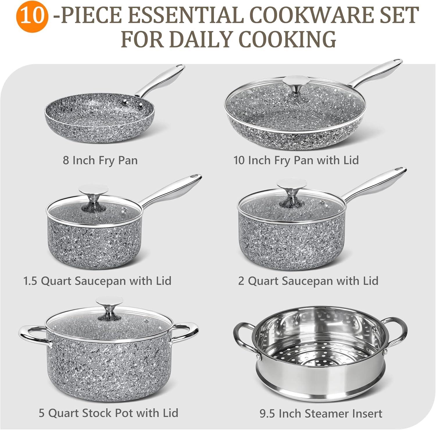 MICHELANGELO Pots and Pans Set 10 Piece, Cookware Set with Granite Coatings for Super Nonstick Result Essential Stone Cookware Sets with Utensil Set, Induction Compatible, PFOA Free