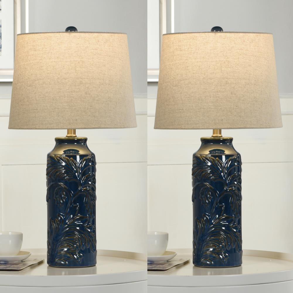Set of 2 Cloverfield Ceramic Table Lamps Navy Blue - StyleCraft: Botanical Pattern, White Linen Shade