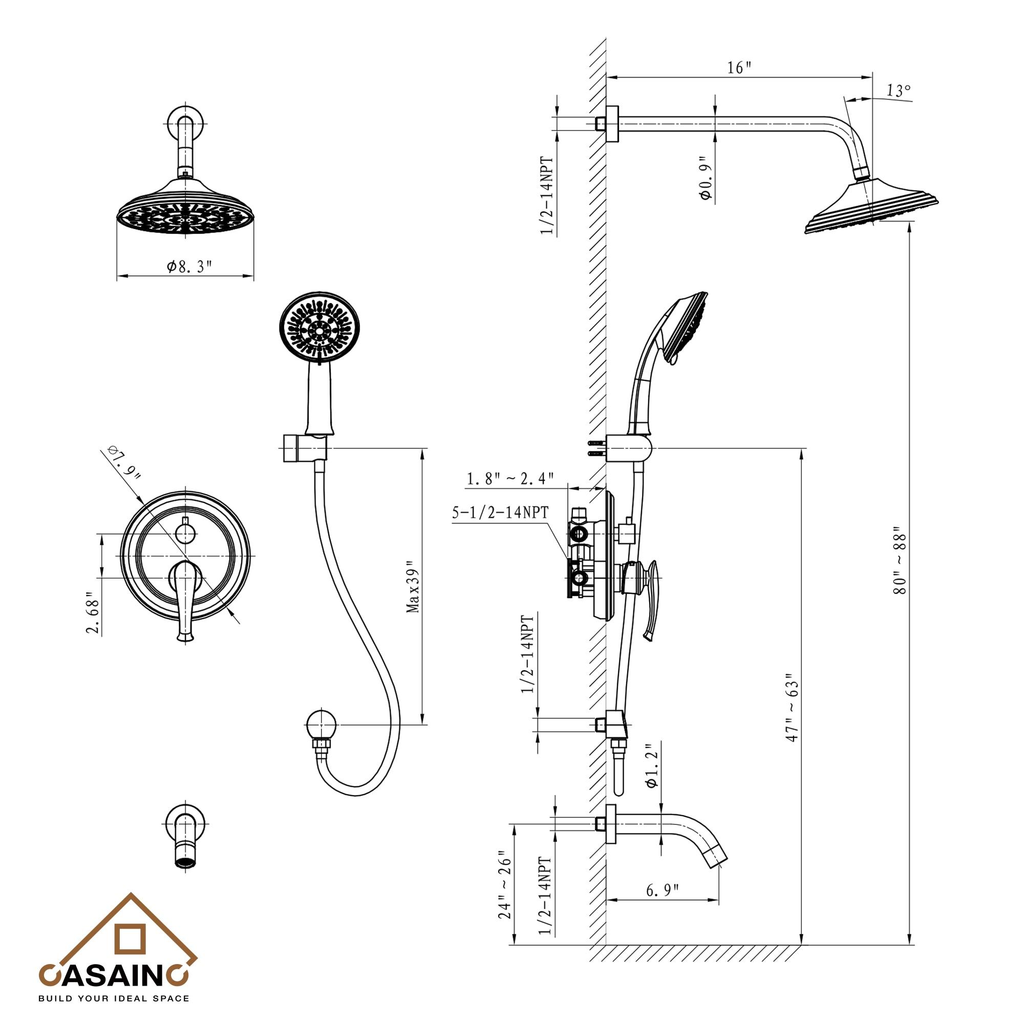 Retro Wall Mount 3 Funtions Rainfall Shower System with 3 Setting Handheld, Bath Spout, Rough-In Valve and Diverter