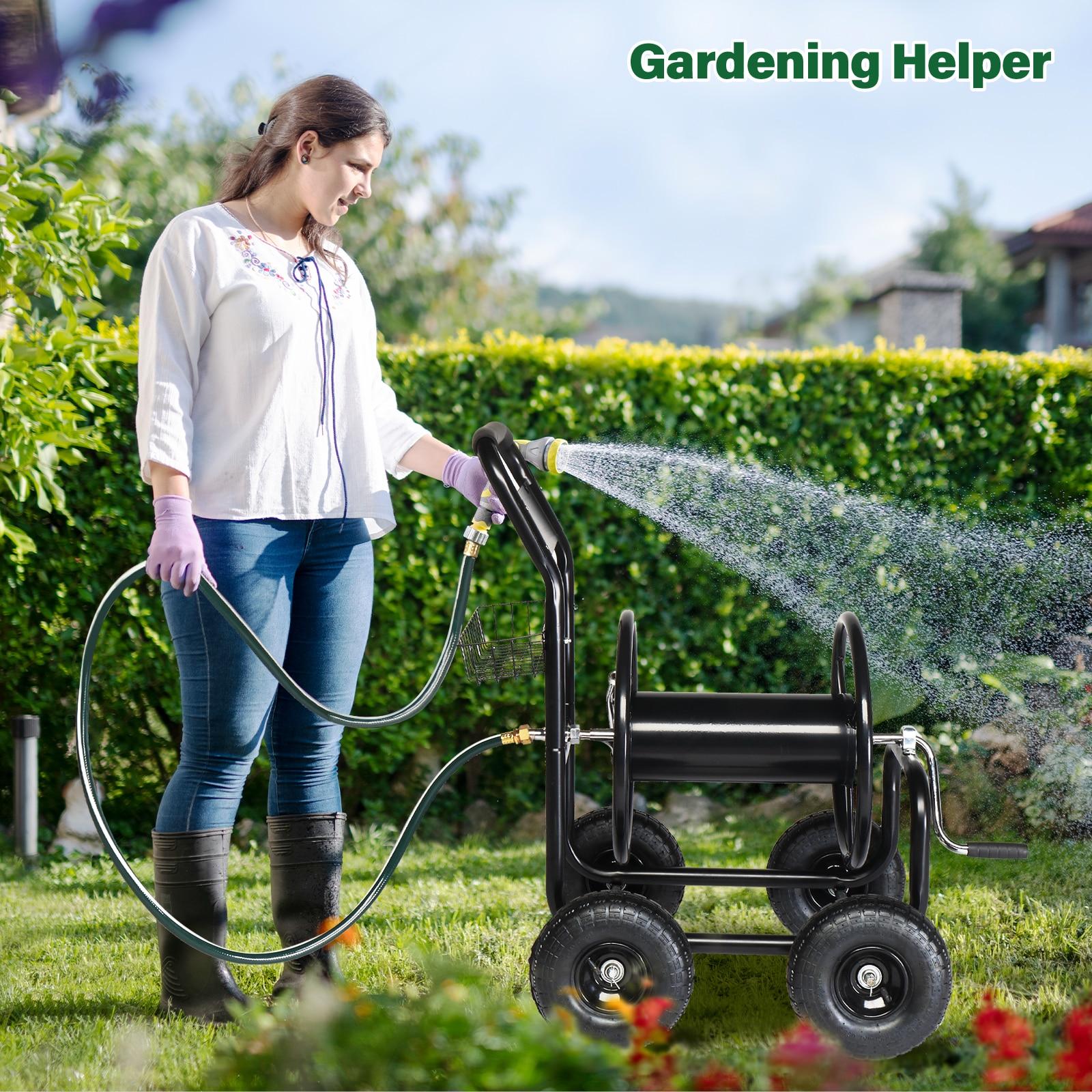 Black Heavy Duty Steel Garden Hose Reel Cart with Wheels