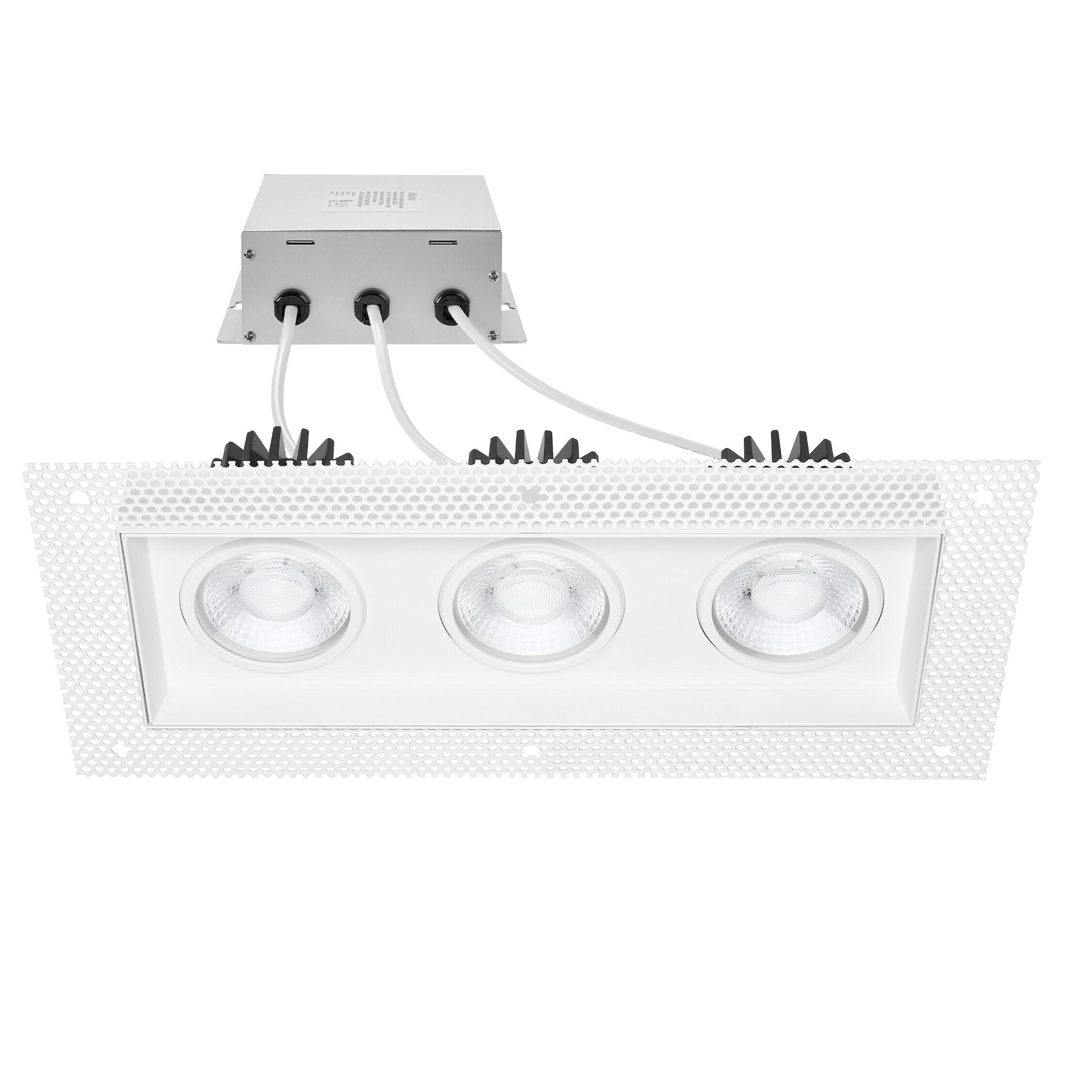 Maxxima 4 in. 3 Head Trimless LED Slim Square Recessed Anti-Glare Gimbal Downlight, White, Canless IC Rated, 3000 Lumens, 5 CCT 2700K-5000K