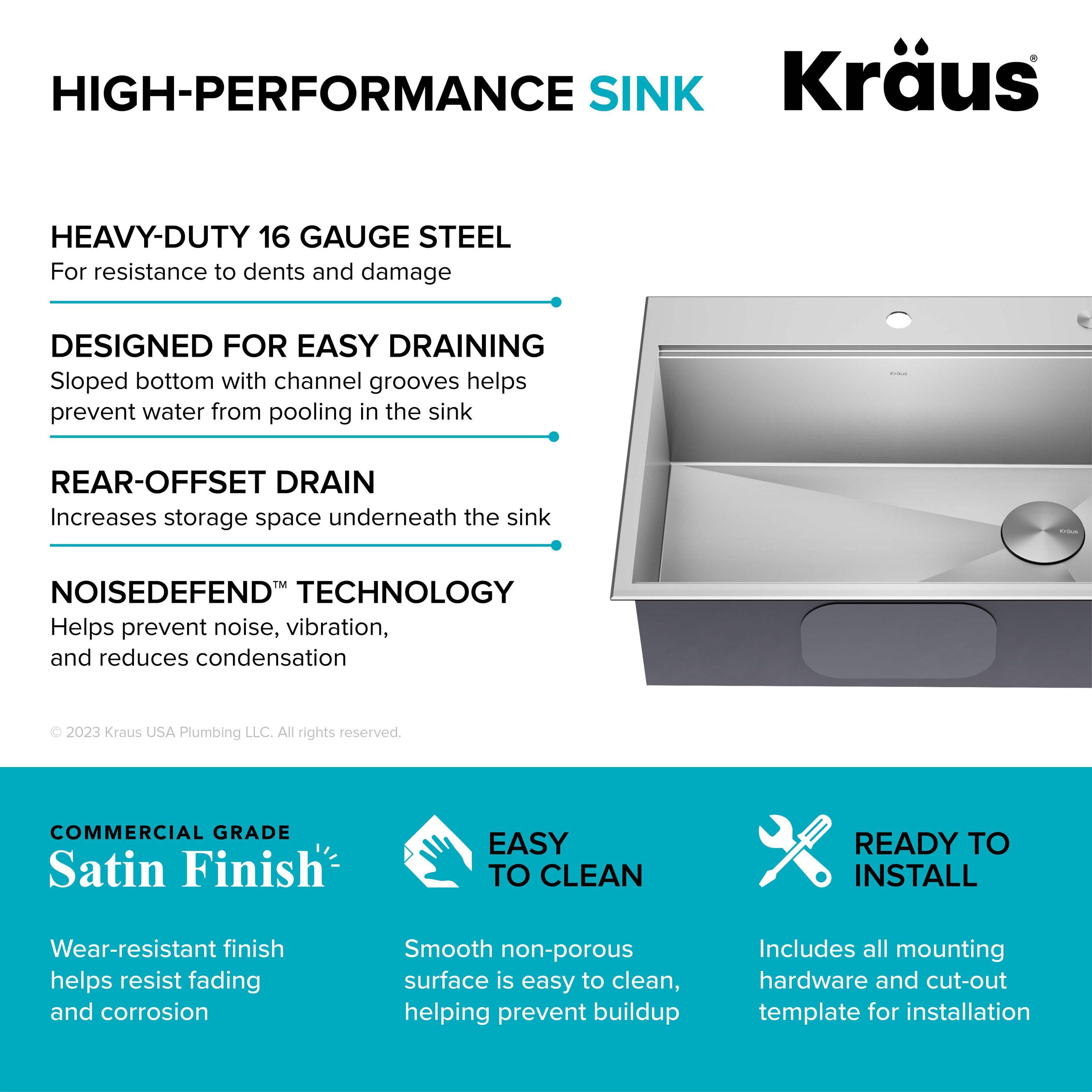 KRAUS Kore™ Workstation Drop-In 16 Gauge Single Bowl Stainless Steel Kitchen Sink