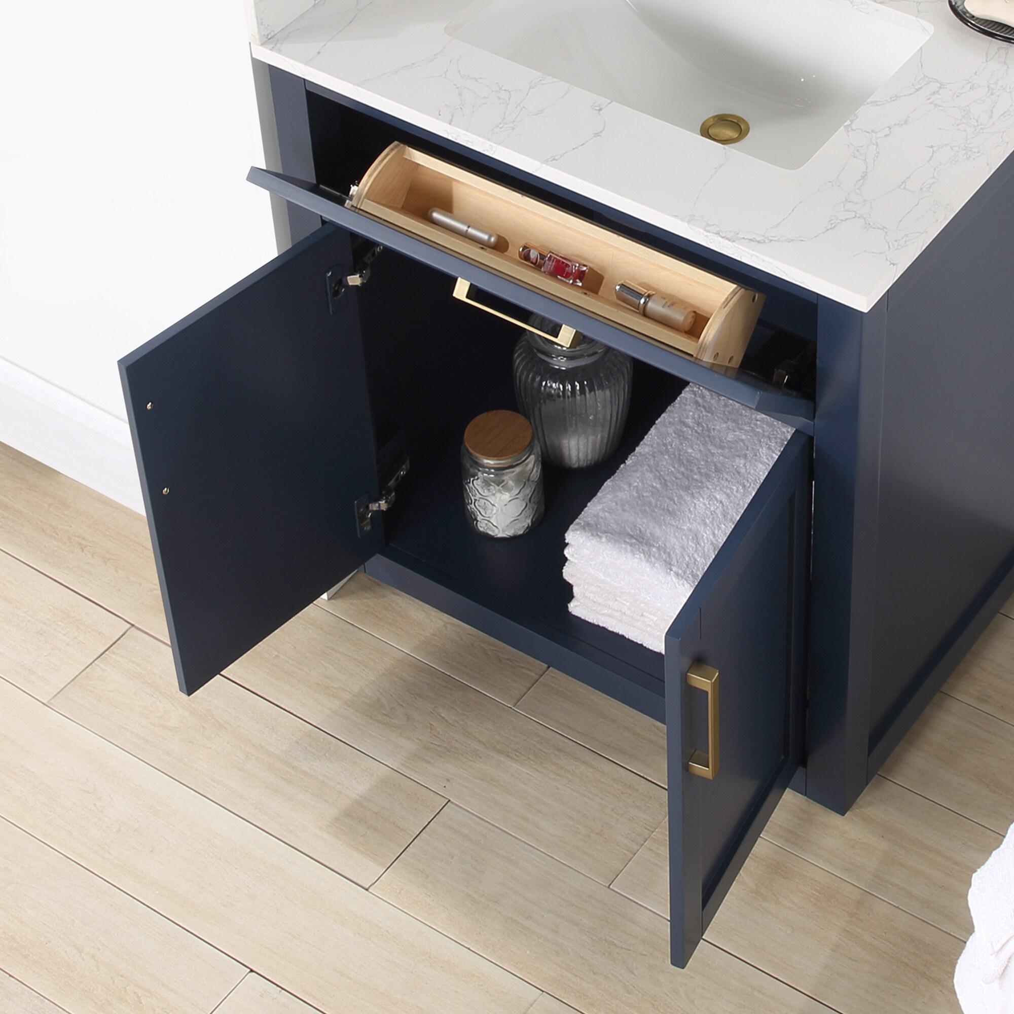 Gavino Tocador de Madera de 30" en Azul Real con Tapa de Piedra Compuesta sin Espejo