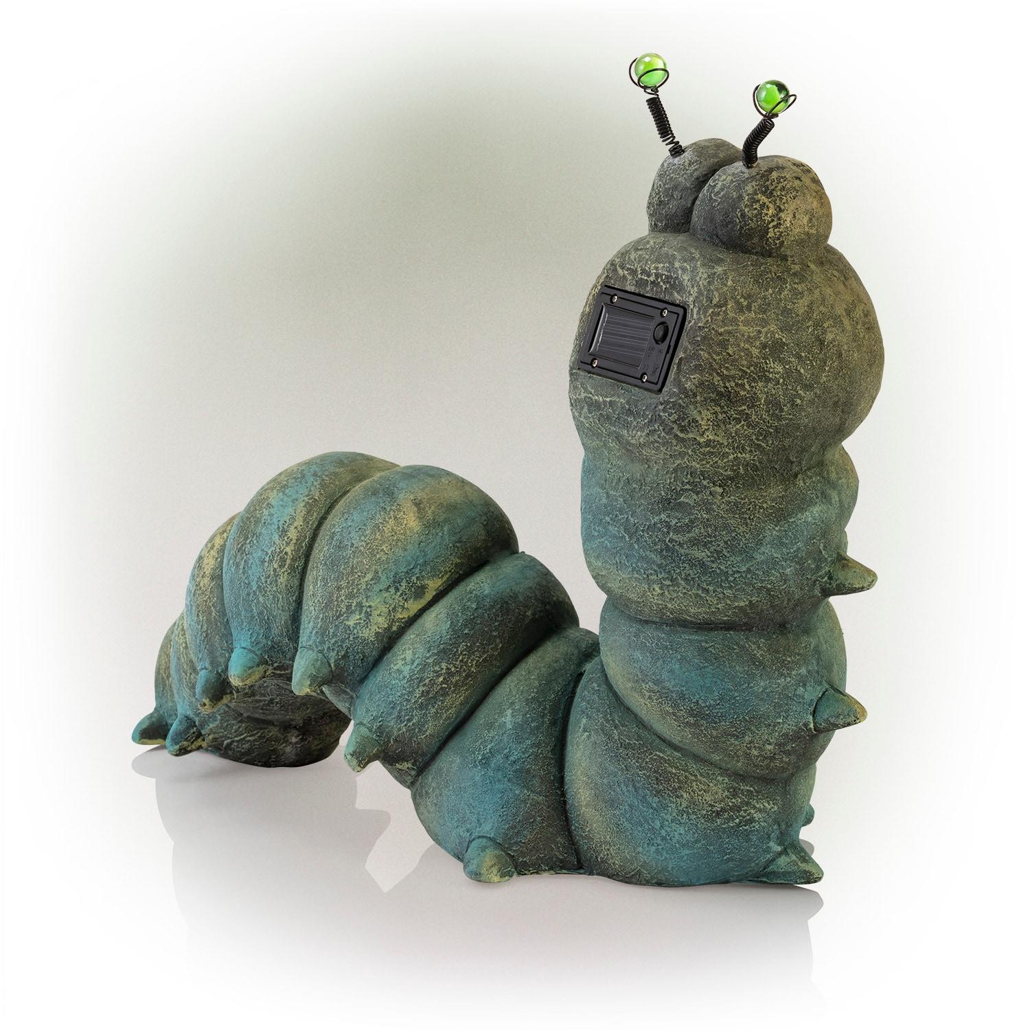 16-inch Green Solar-Powered Caterpillar Garden Statue with LED Eyes