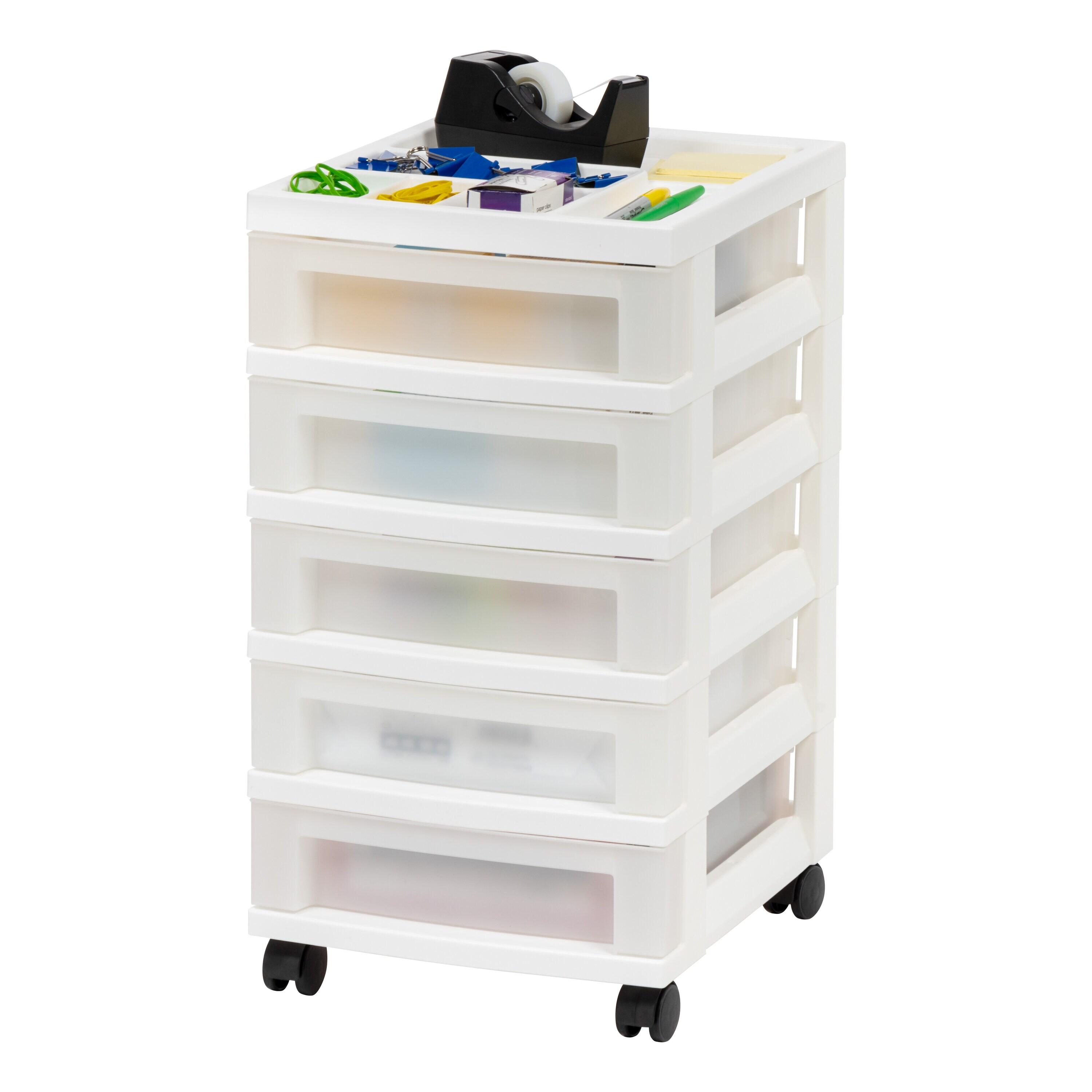 IRIS USA, 5-Drawer Narrow Plastic Storage Drawer Cart with Organizer Top, White