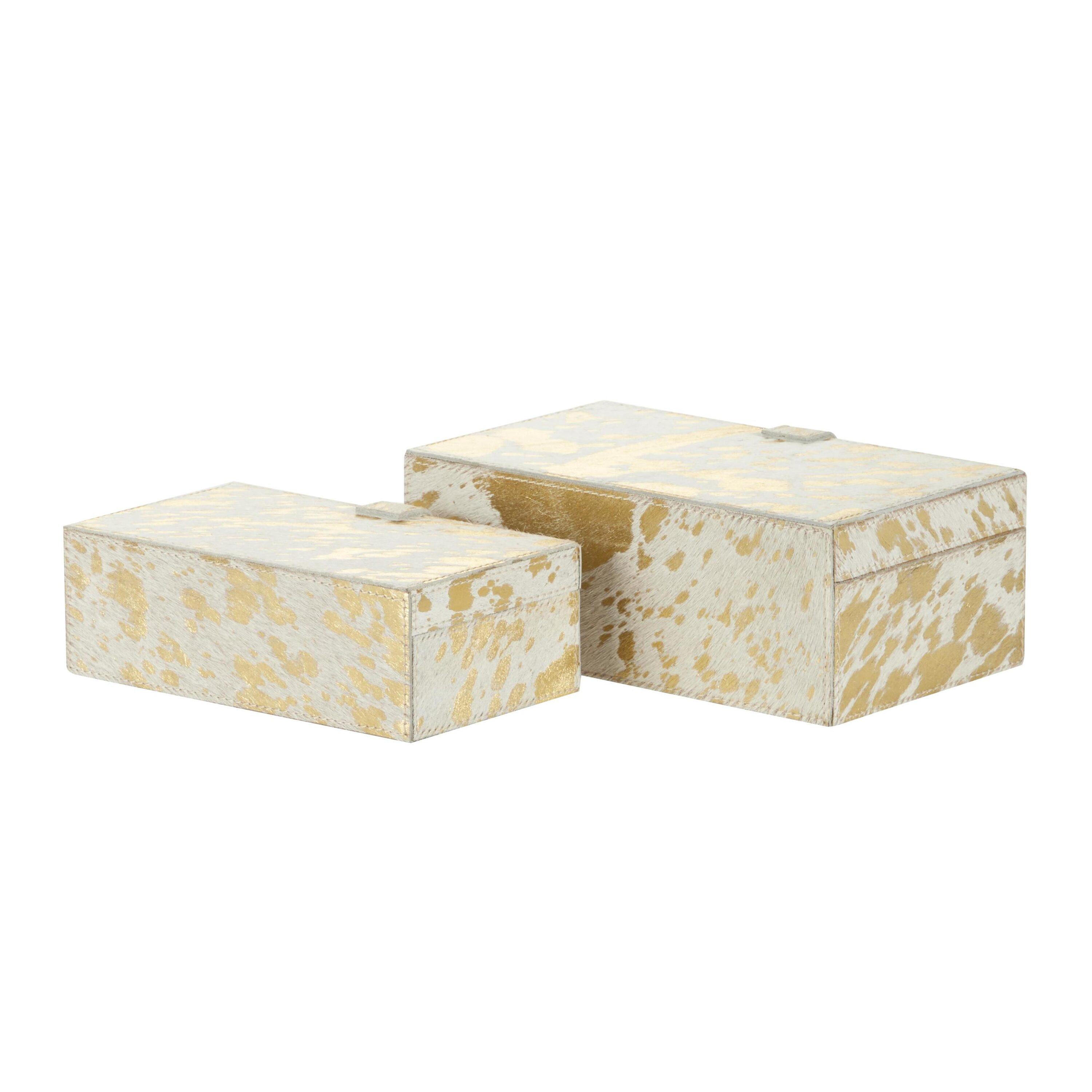DecMode Handmade Gold Leather Decorative Box with Gold Foil Paint, 2 Count