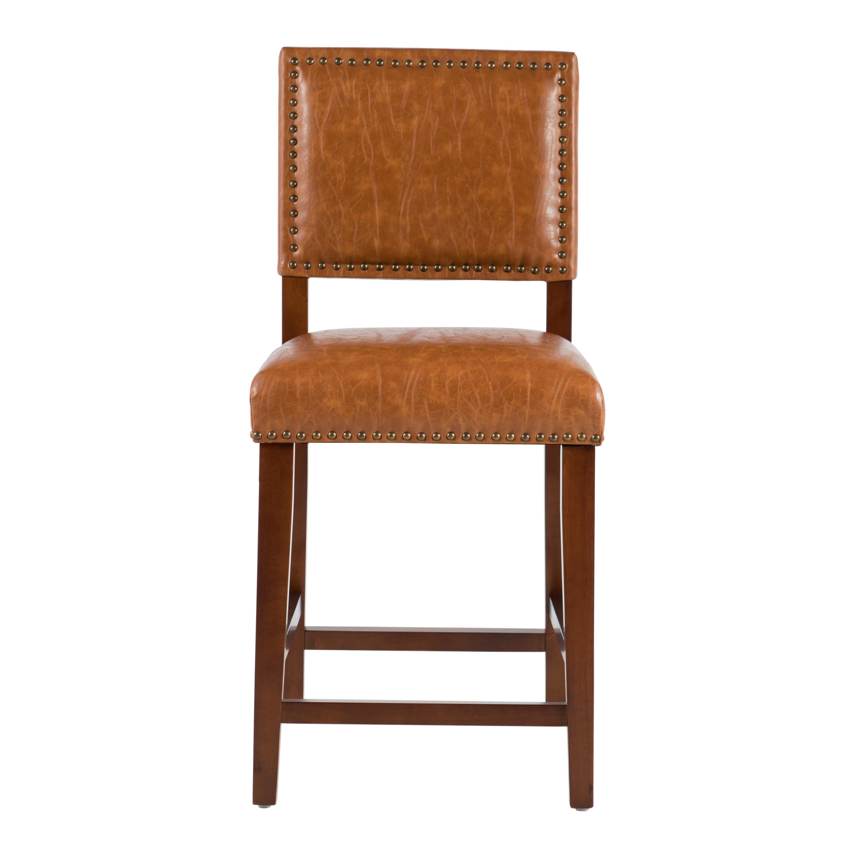 24" Brook Padded Back Faux Leather Nailhead Counter Height Barstool Caramel - Linon: Cherry-Stained Legs, Footrails