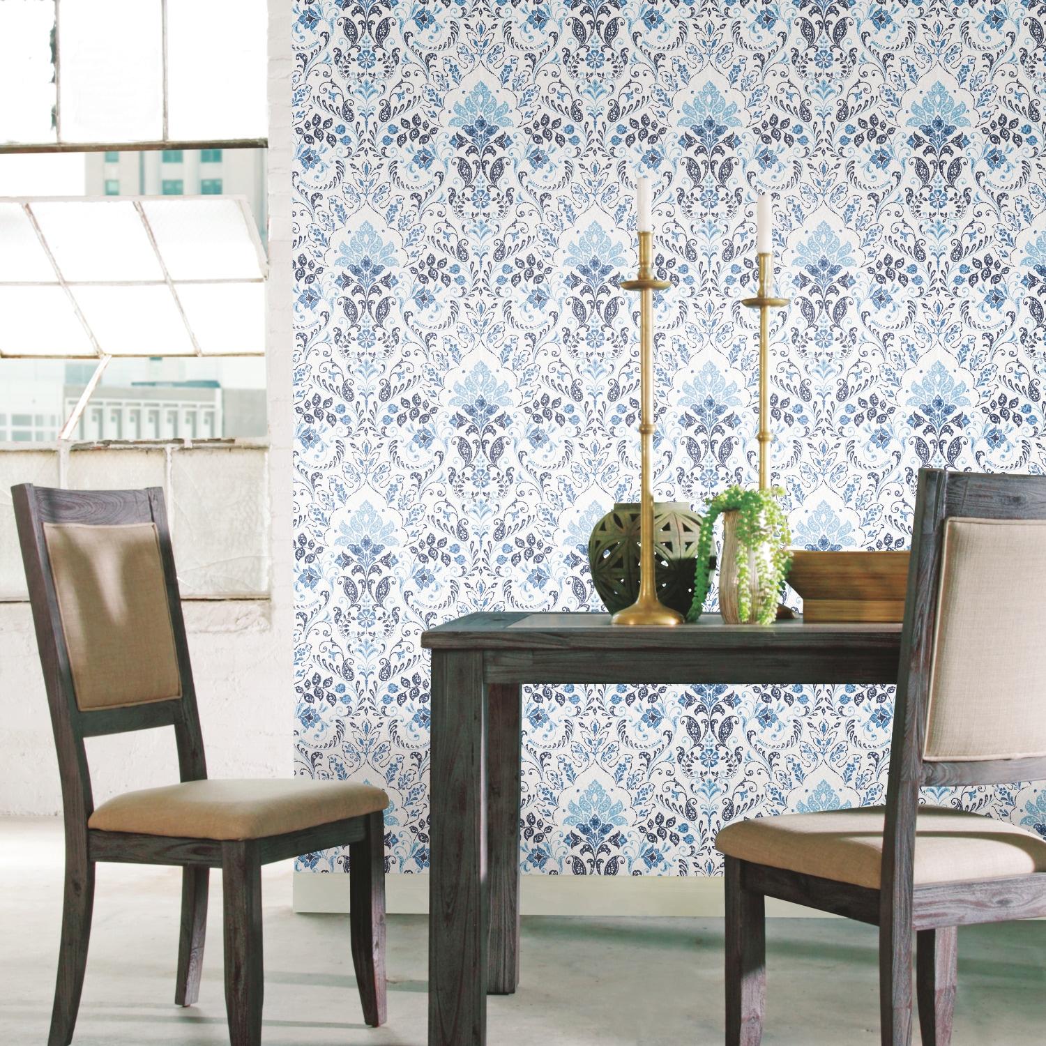 Blue and White Vinyl Damask Peel and Stick Wallpaper