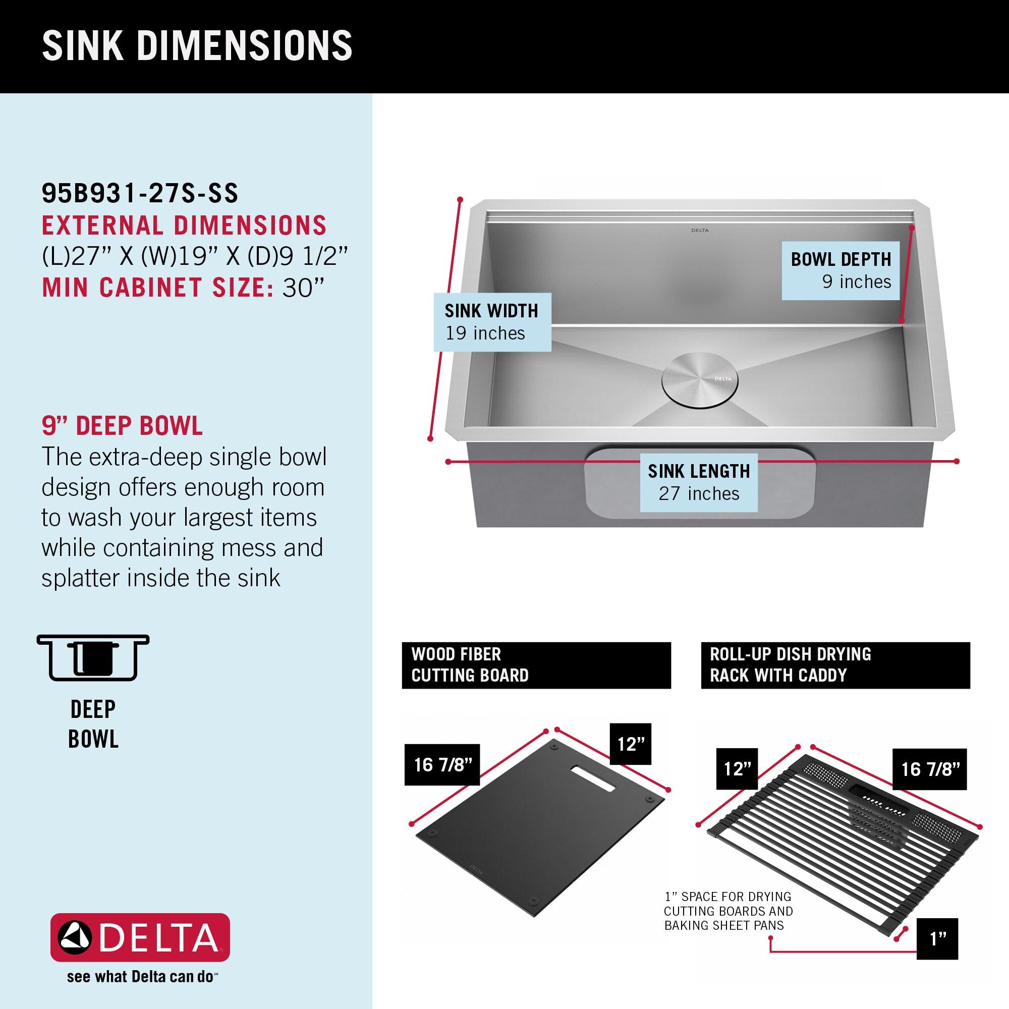 Delta Rivet™ 27" L Workstation Kitchen Sink Undermount 16 Gauge Stainless Steel Single Bowl with WorkFlow™ Ledge