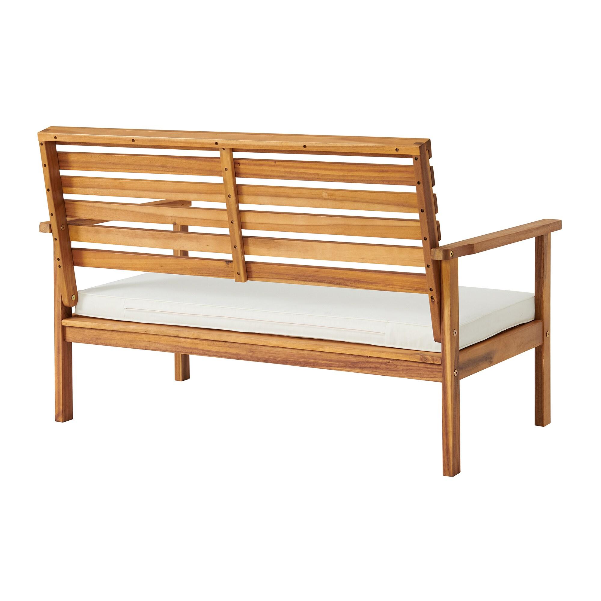 Outdoor Acacia Wood Bench With Cushion And 15" H Cocktail Table, Set Of 2