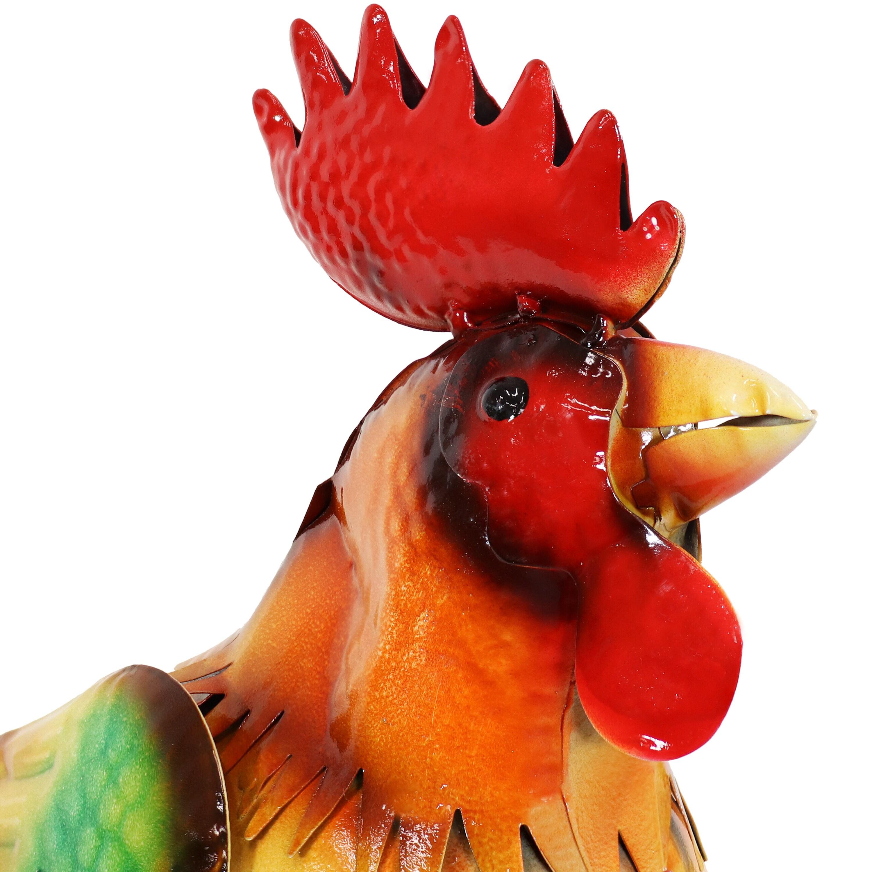 Sunnydaze Romeo the Rooster Metal Outdoor Statue - 16" – Red, Orange, Yellow, and Green