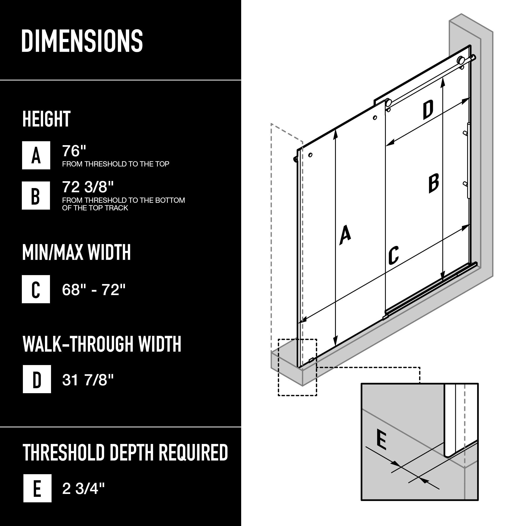 Elan E-Class 68-72" W x 76" H Sliding Frameless Shower Door with 3/8" Clear Glass