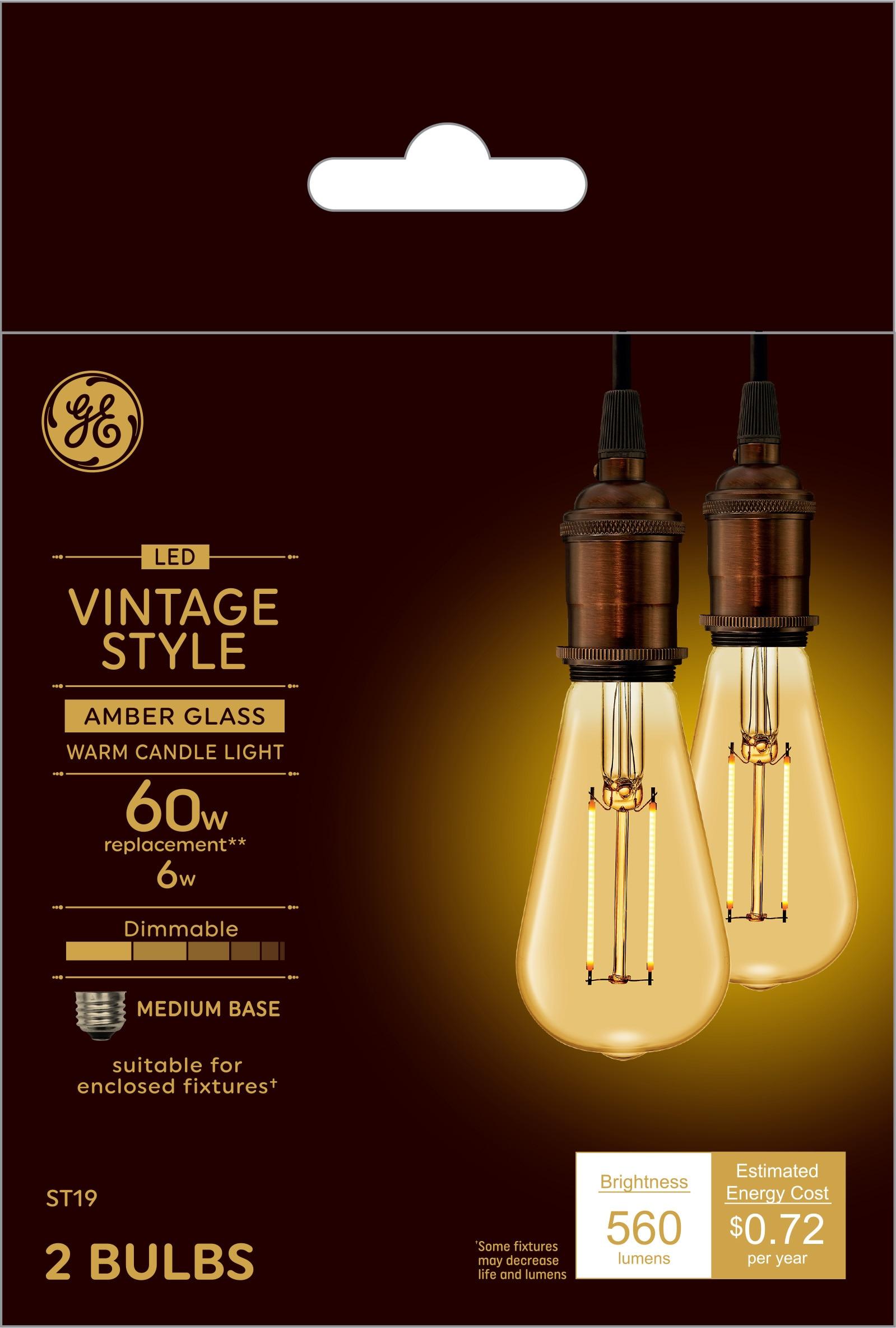 GE 2pk 60W Vintage Style ST19 LED Edison Light Bulbs Amber Glass: E26 Base, Dimmable, Warm Light, Antique Style