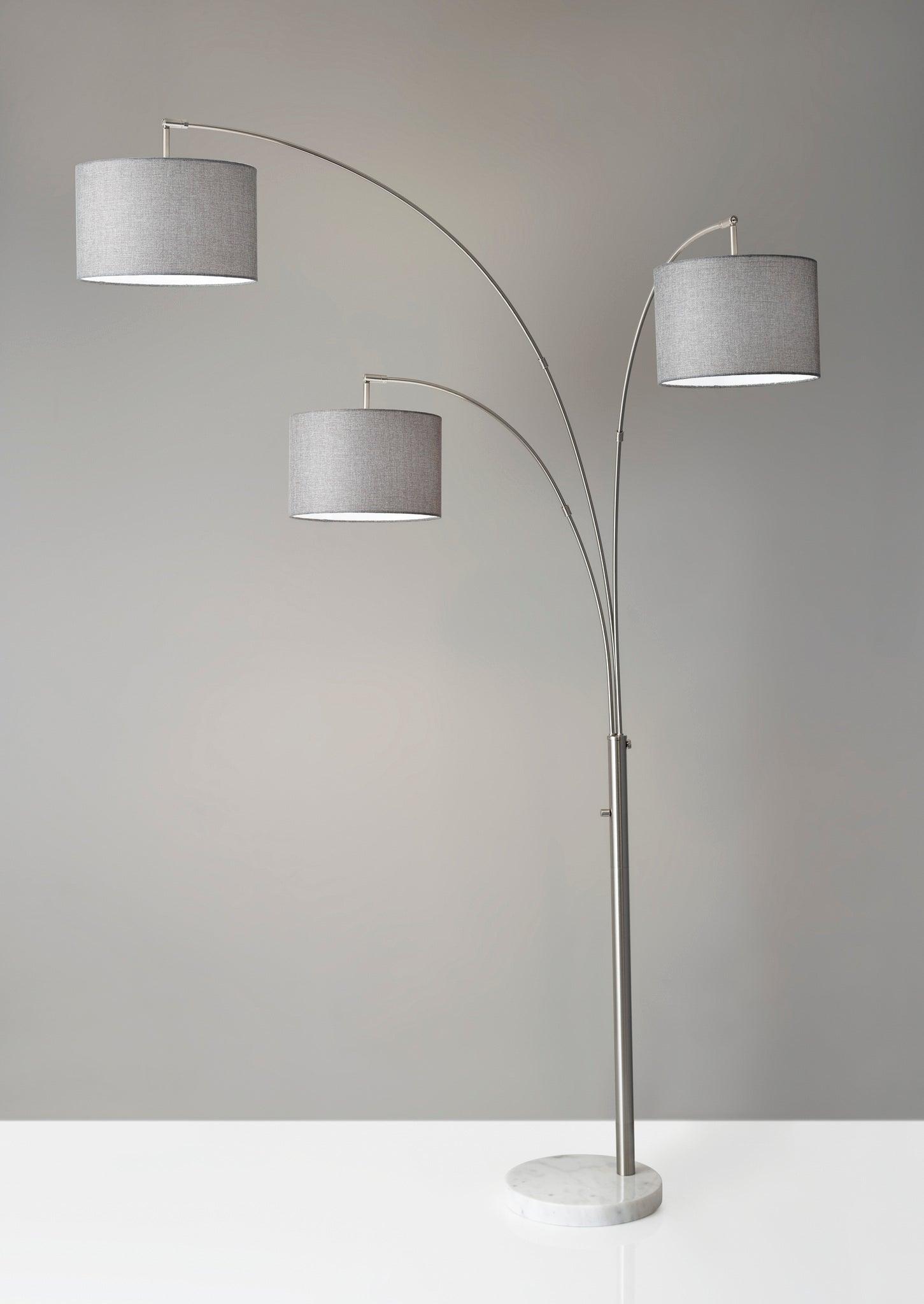 3-Arm Bowery Arc Lamp Brushed Steel - Adesso: Adjustable, Overhead Lighting with Marble Base