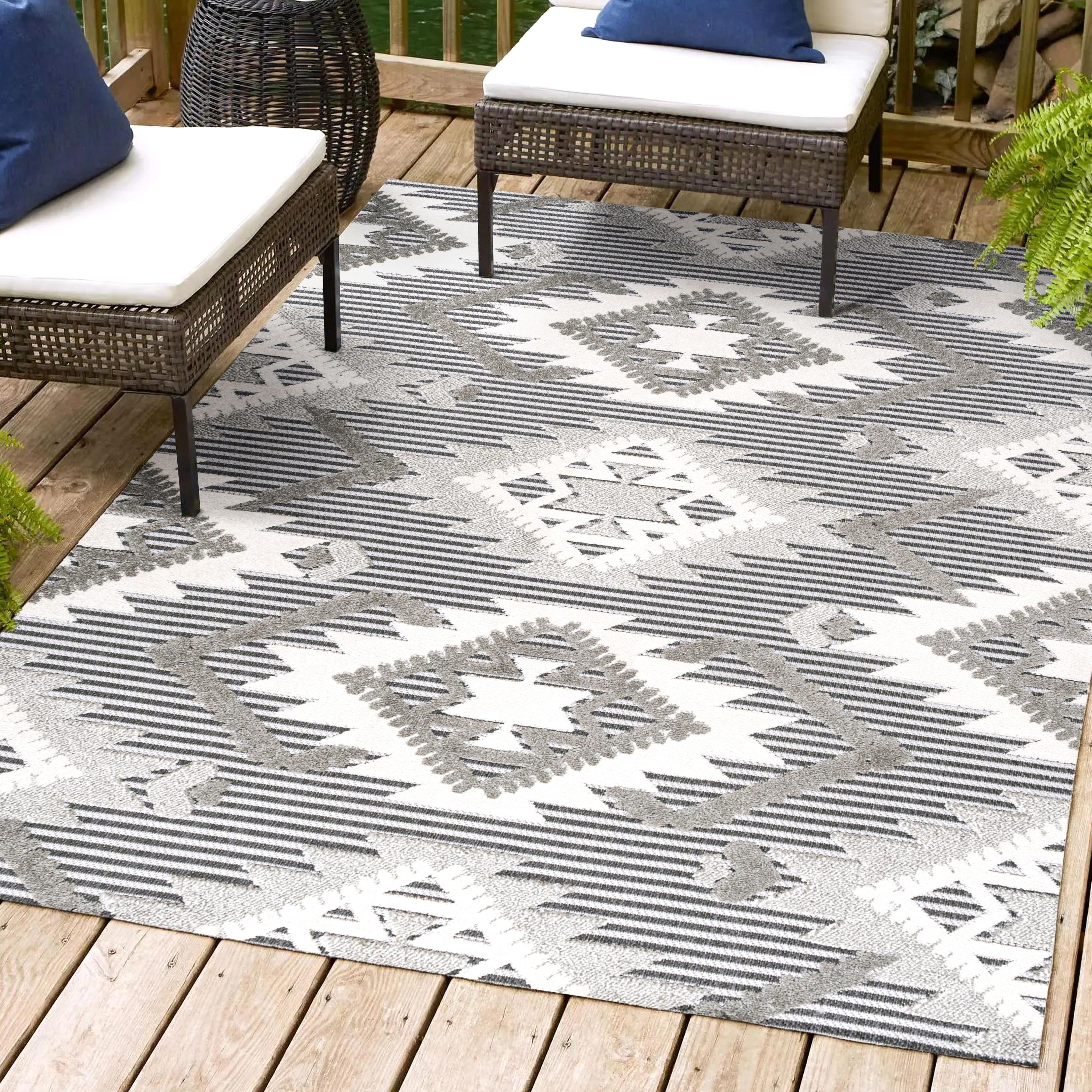 8'x10' Sumak High-Low Pile Neutral Diamond Kilim Indoor/Outdoor Area Rug, Gray/White/Black - JONATHAN Y