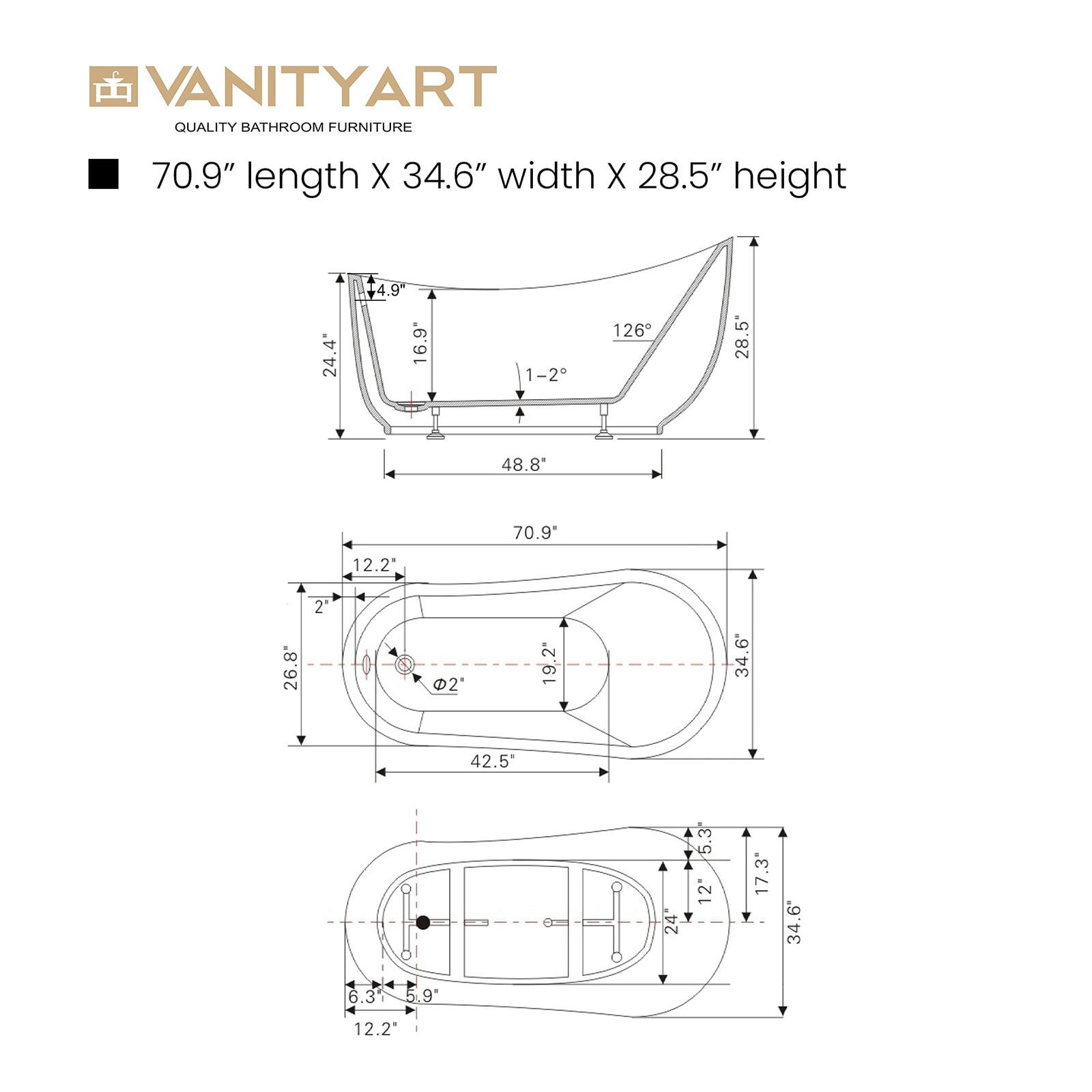 Vanity Art 71" x 34" Acrylic Freestanding Bathtub Contemporary Soaking Tub with Overflow and Pop-Up Drain, VA6512-L