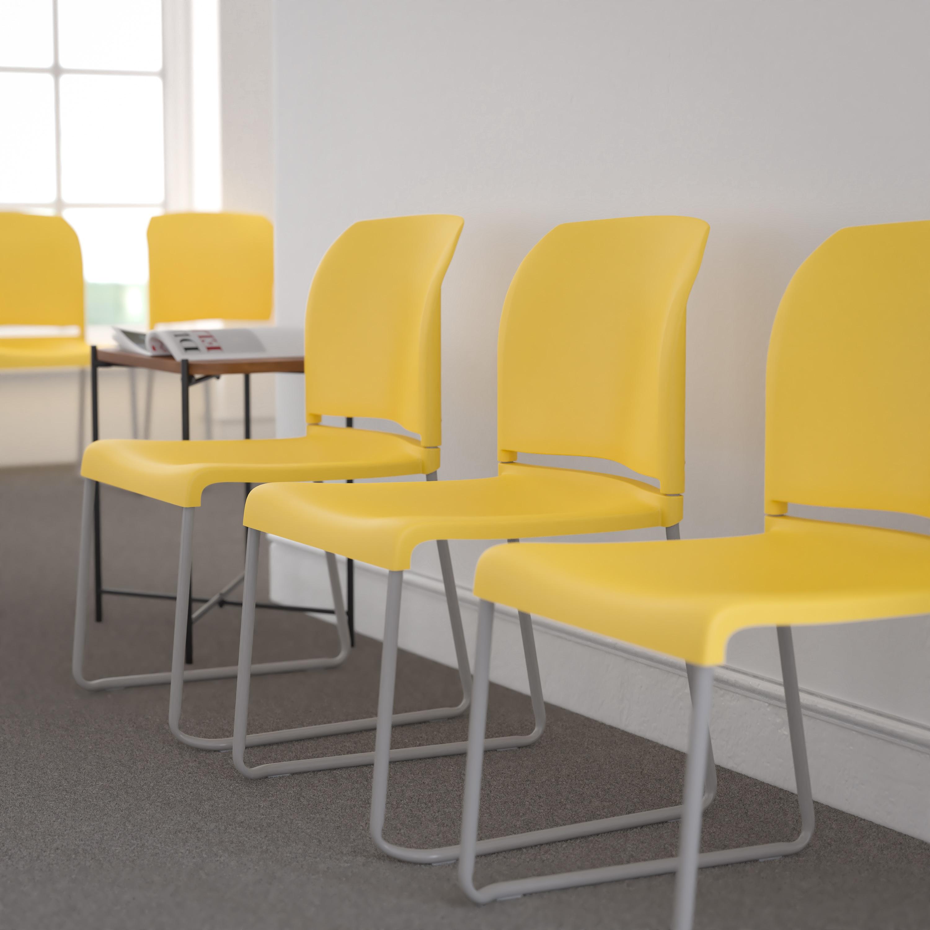 Flash Furniture HERCULES Series 880 lb. Capacity Yellow Full Back Contoured Stack Chair with Gray Powder Coated Sled Base