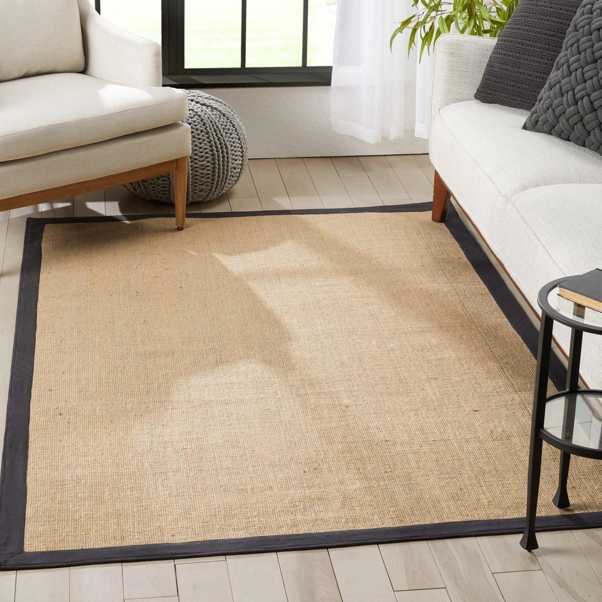 Ebern Designs Quince Sorel Solid Border Beige Black Natural Jute Non-Slip Handwoven Latex Area Rug