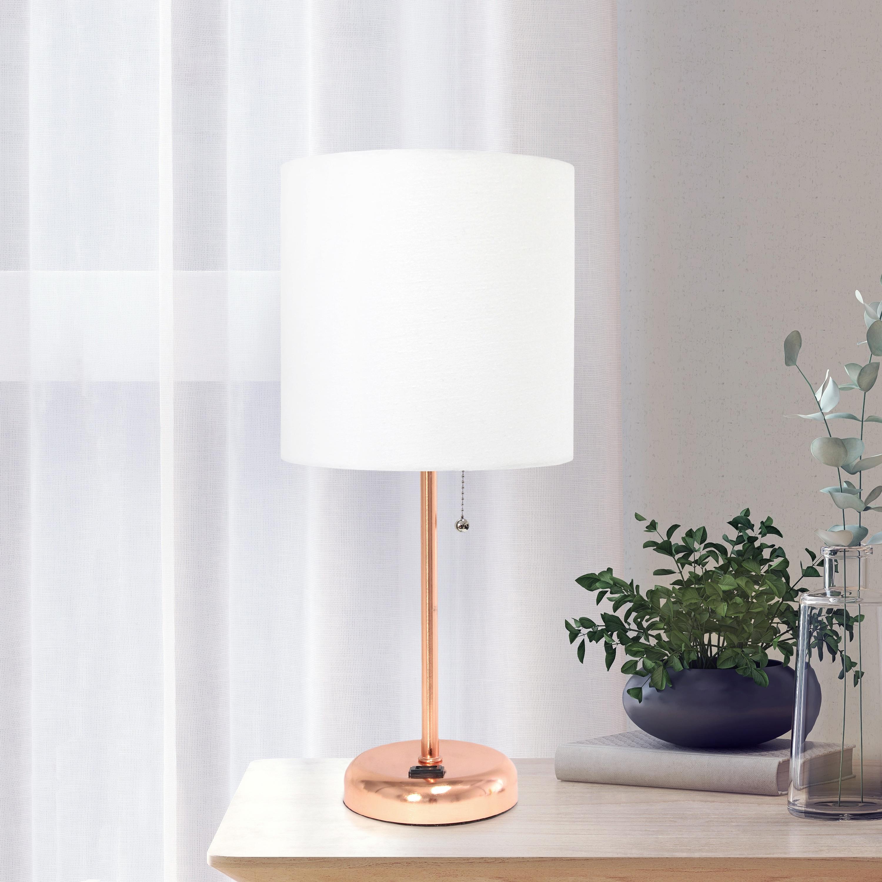 Creekwood Home Oslo 19.5" Power Outlet Base Metal Table Desk Lamp in Rose Gold with Feit LED (Includes LED Light Bulb) White